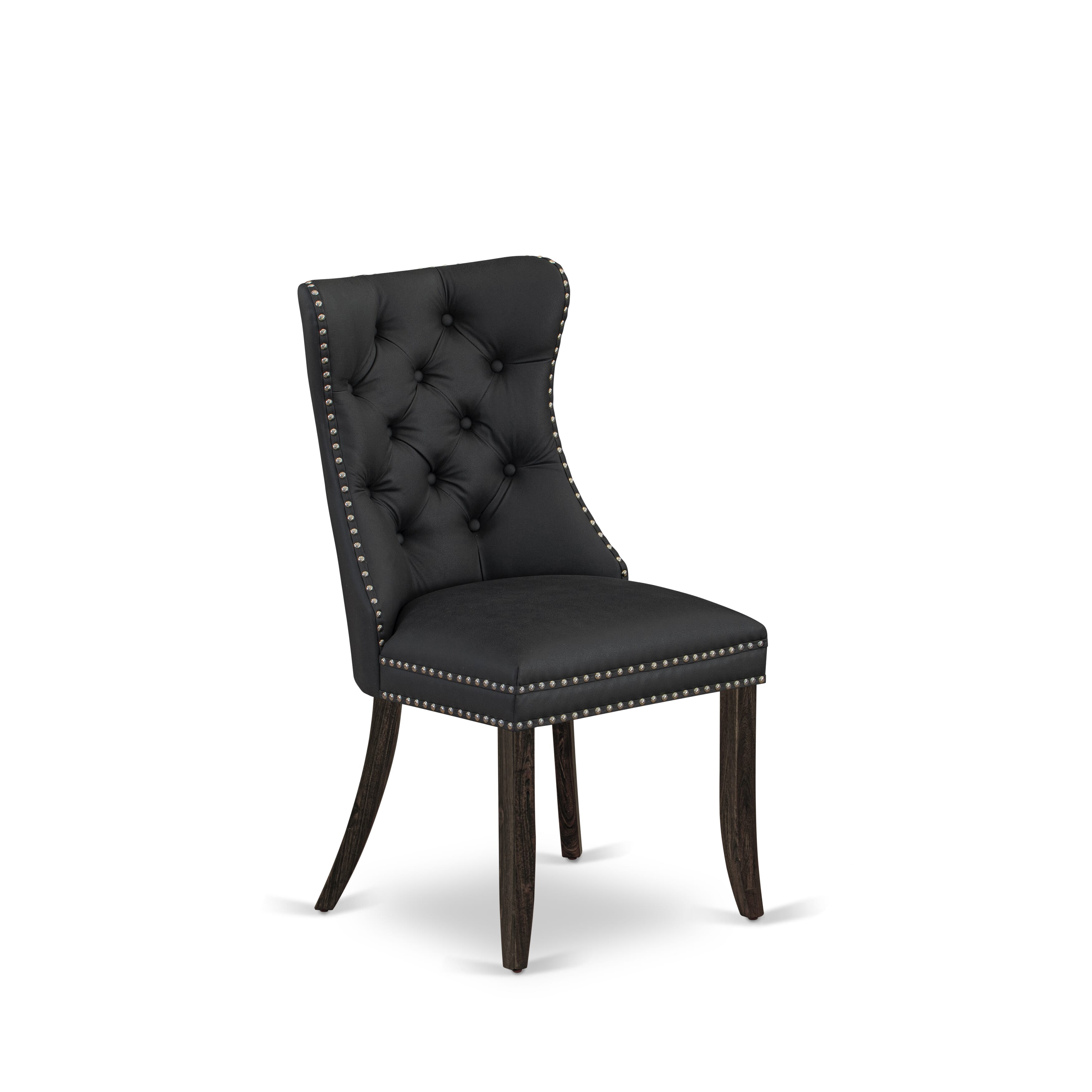 East West Furniture DAP7F12 Dallas Parson Chairs - Button Tufted Nailhead Trim Dark Gray faux Leather Padded Dining Chairs, Set of 2, Distressed Jacobean