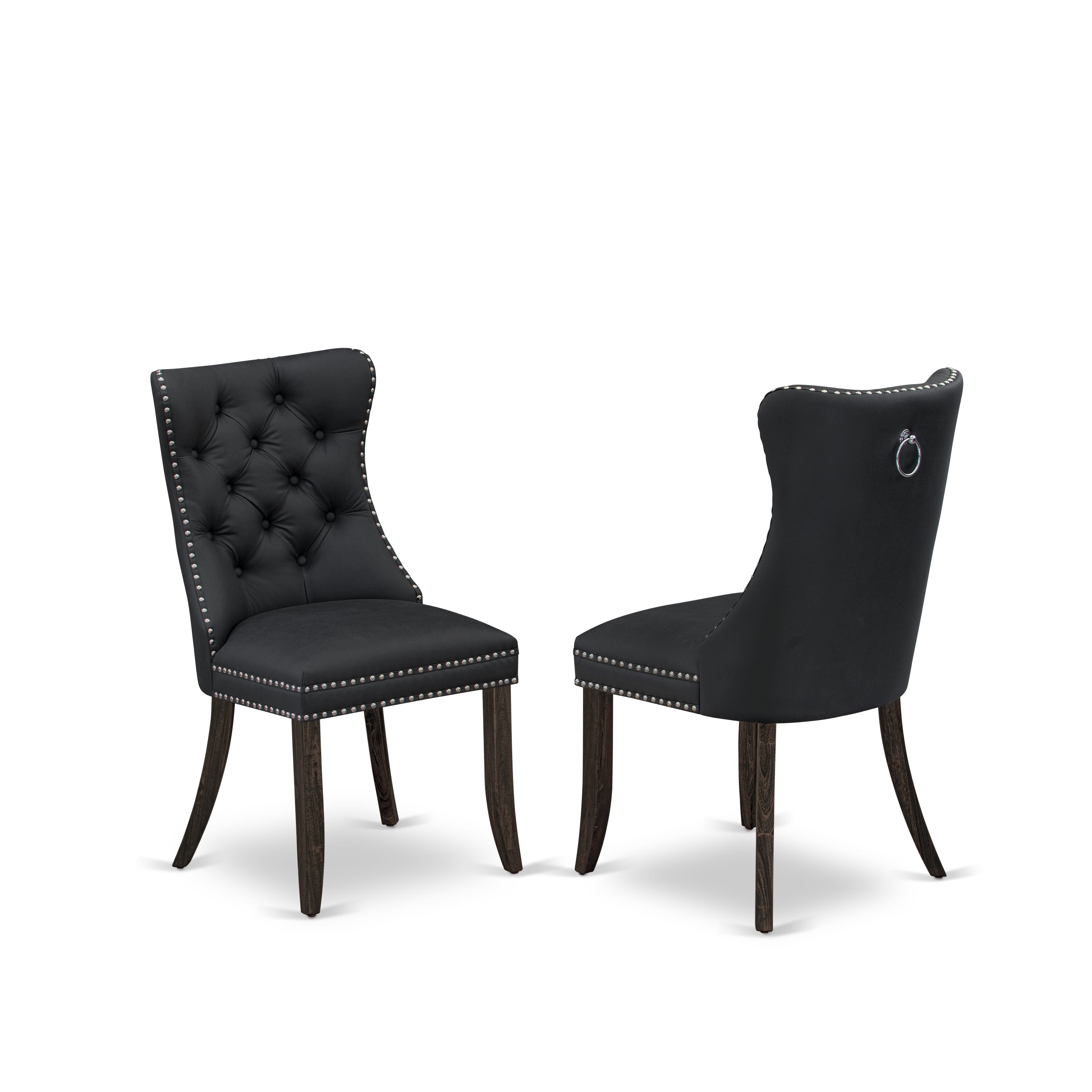 East West Furniture DAP7F12 Dallas Parson Chairs - Button Tufted Nailhead Trim Dark Gray faux Leather Padded Dining Chairs, Set of 2, Distressed Jacobean