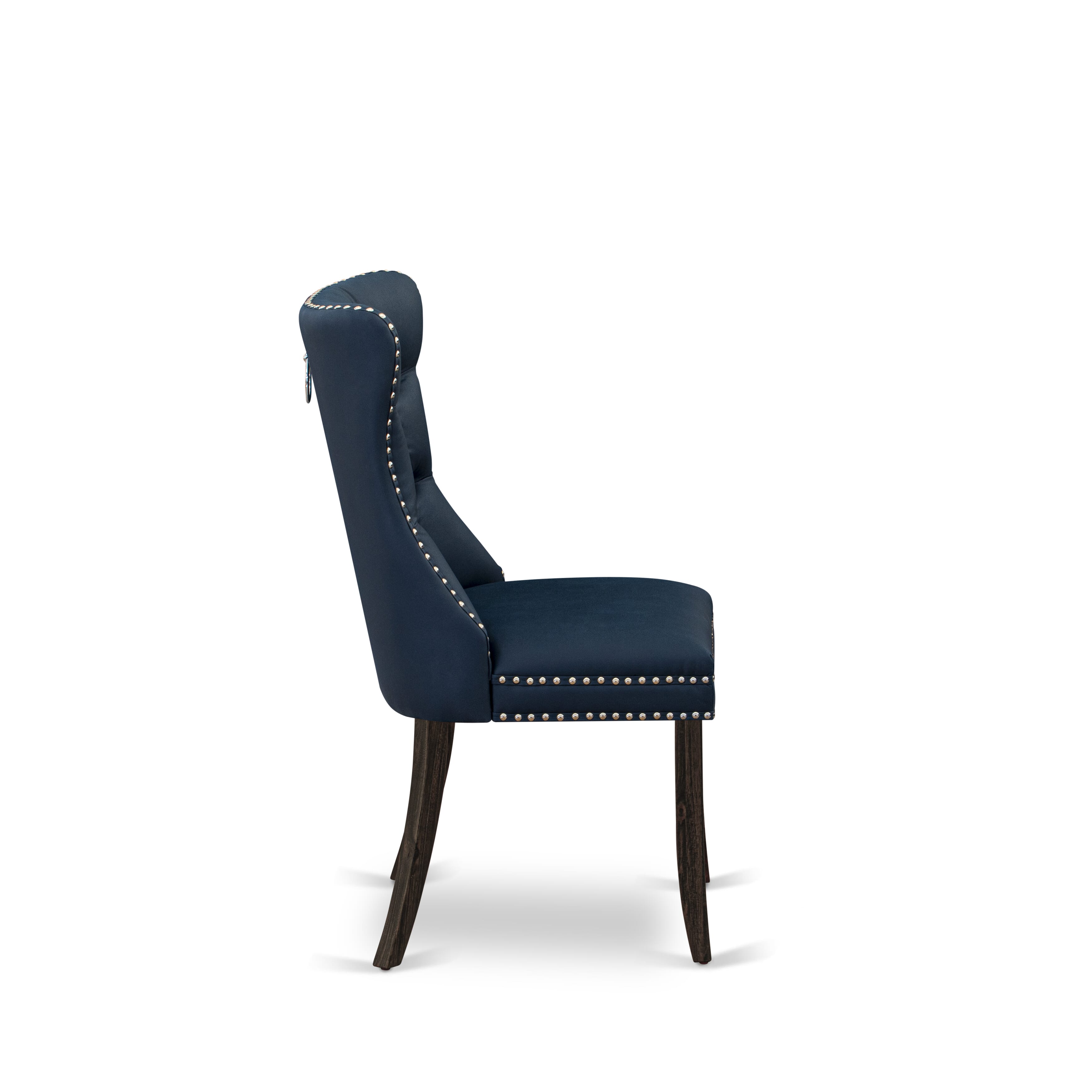 East West Furniture DAP7F29 Dallas Parsons Dining Chairs - Button Tufted Nailhead Trim Navy Blue faux Leather Padded Chairs, Set of 2, Distressed Jacobean