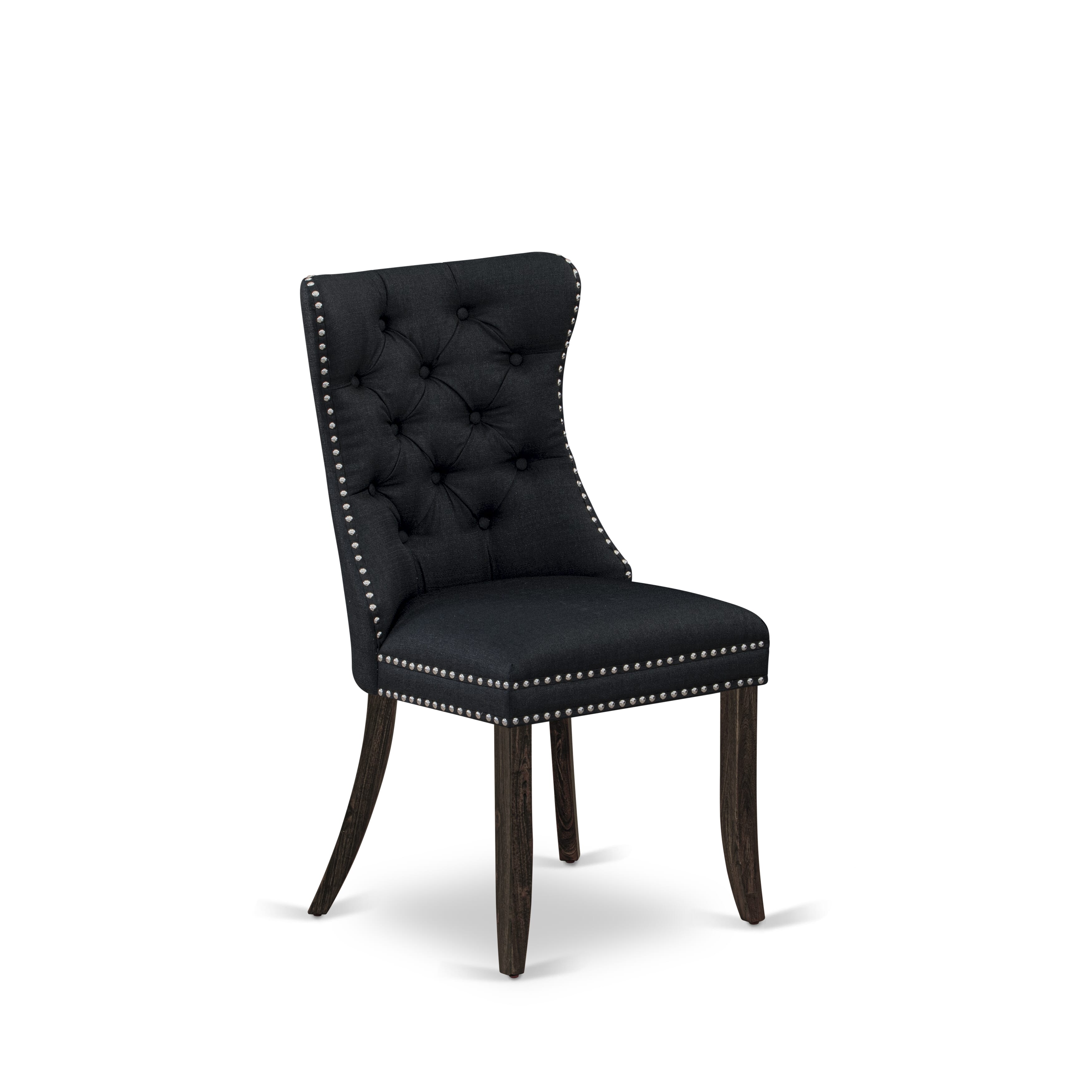East West Furniture DAP7L24 Dallas Parson Dining Room Chairs - Button Tufted Nailhead Trim Black Linen Fabric Padded Chairs, Set of 2, Distressed Jacobean