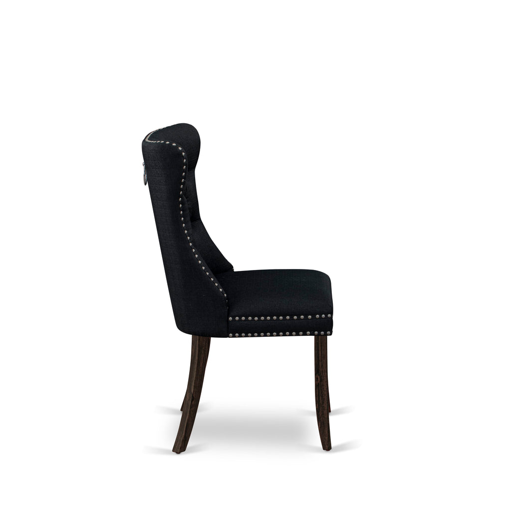 East West Furniture DAP7L24 Dallas Parson Dining Room Chairs - Button Tufted Nailhead Trim Black Linen Fabric Padded Chairs, Set of 2, Distressed Jacobean