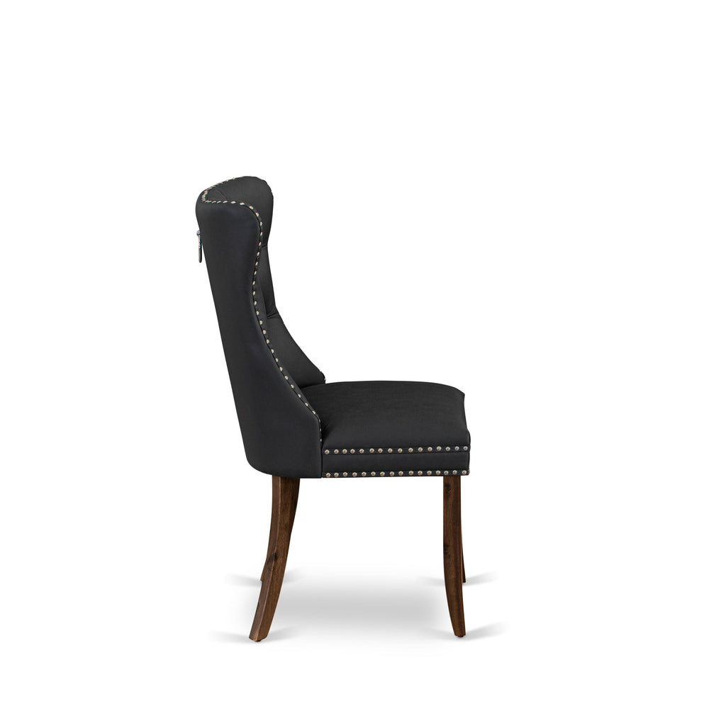 East West Furniture DAP8F12 Dallas Parson Kitchen Chairs - Button Tufted Nailhead Trim Dark Gray faux Leather Upholstered Dining Chairs, Set of 2, Antique Walnut