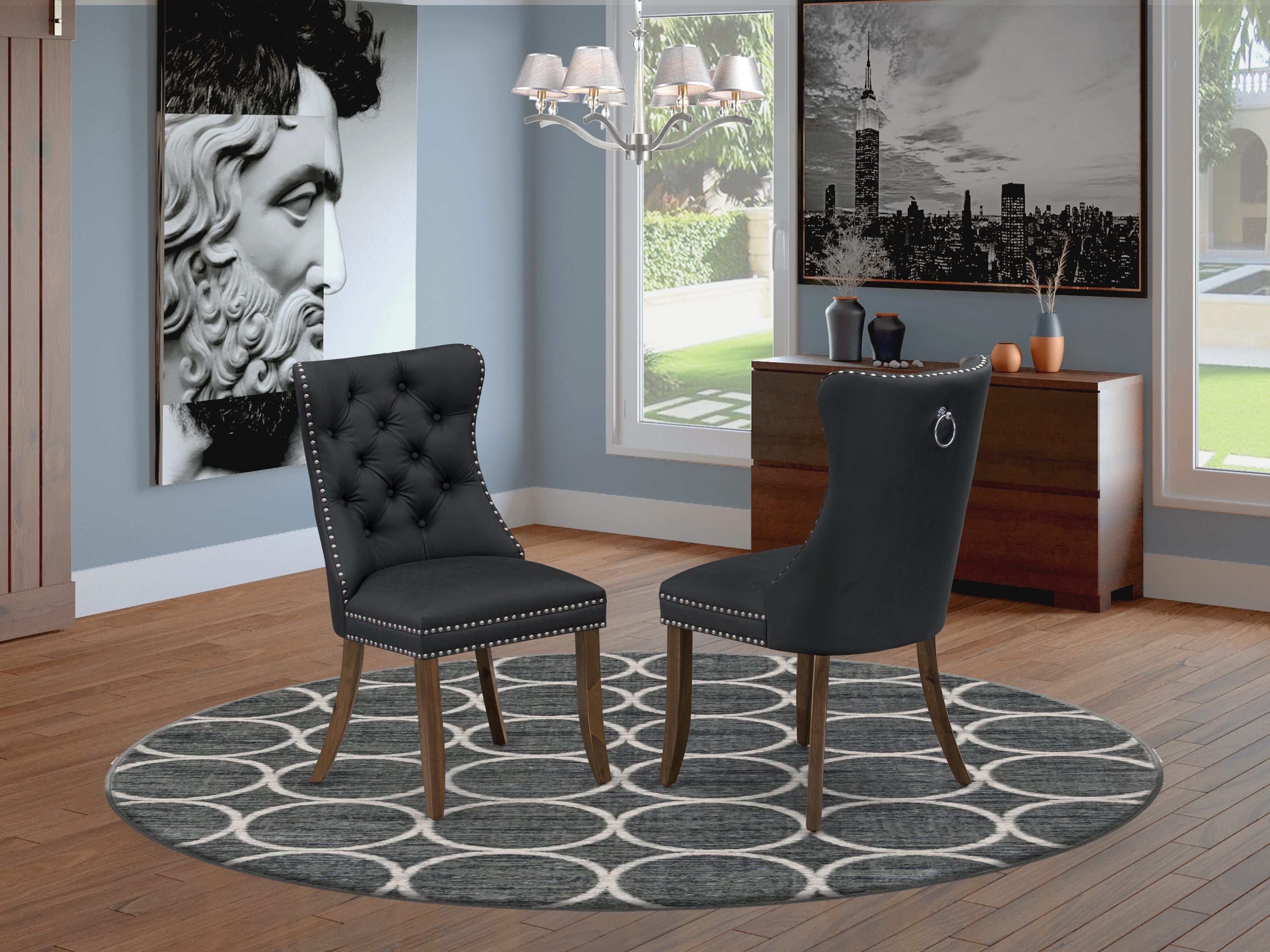 Luxe by East West Furniture LEDA5-AWA-12 5-piece Dining Table Set consists of a Modern Dining Table and 4 Dark Grey PU Leather Kitchen Chairs with Button tufted Back - Antique Walnut Finish