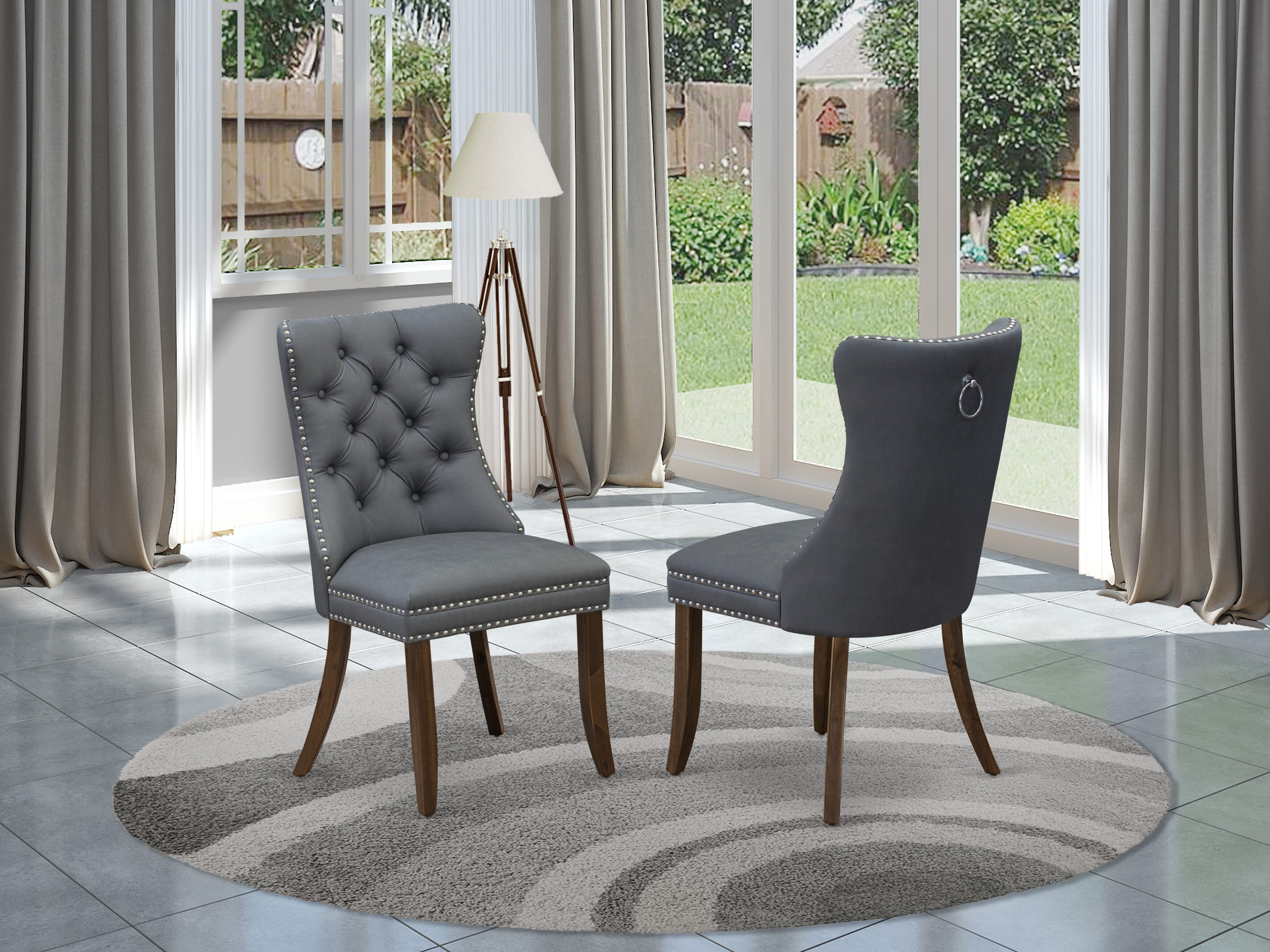 Luxe by East West Furniture F7DA5-50N-13 5-piece Modern Dining table set consists of a Kitchen Table and 4 Platinum Gray Faux Leather Dining Room Chairs with Button Tufted Back - Antique Walnut Finish