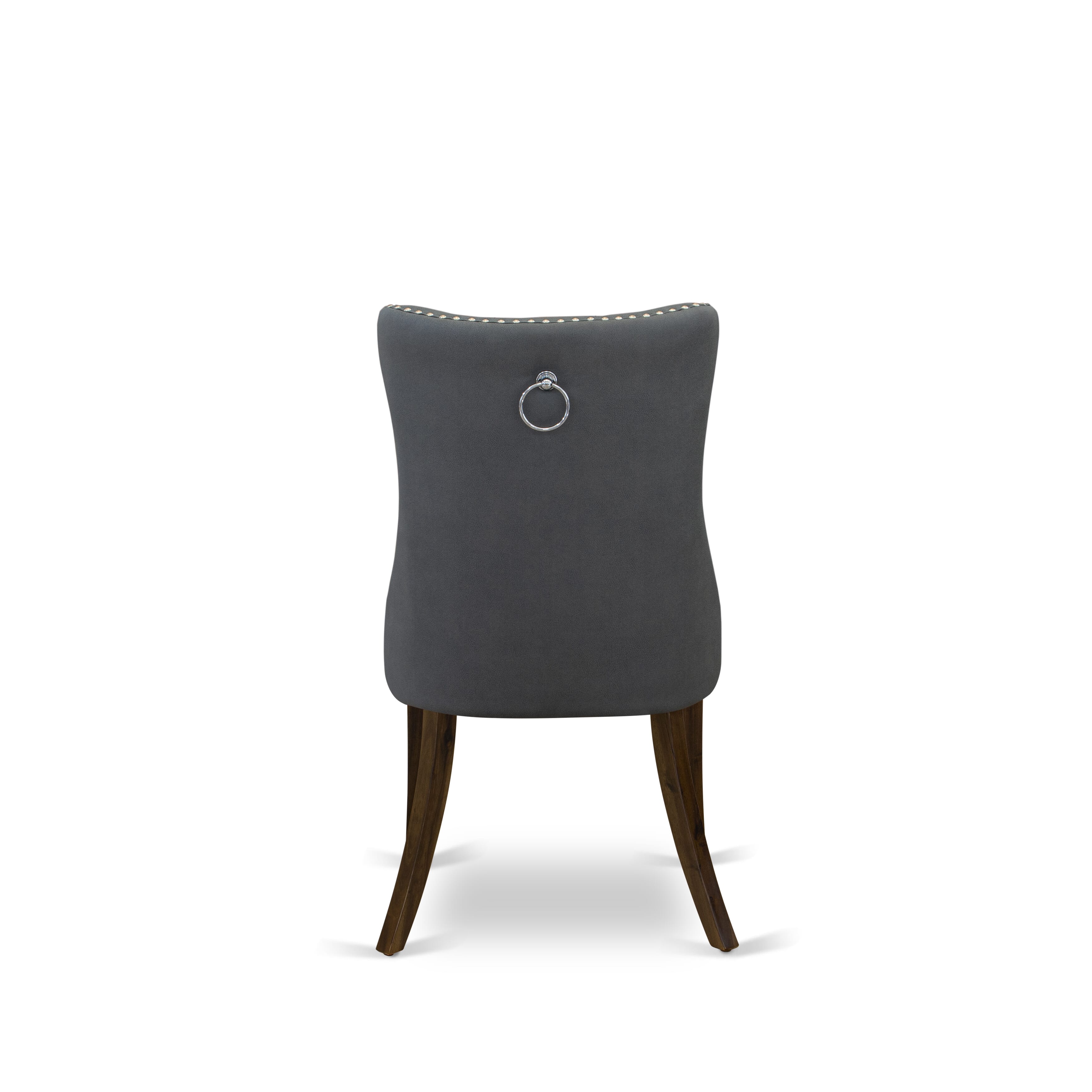 East West Furniture DAP8F13 Dallas Parson Chairs - Button Tufted Nailhead Trim Platinum Gray faux Leather Padded Dining Chairs, Set of 2, Antique Walnut