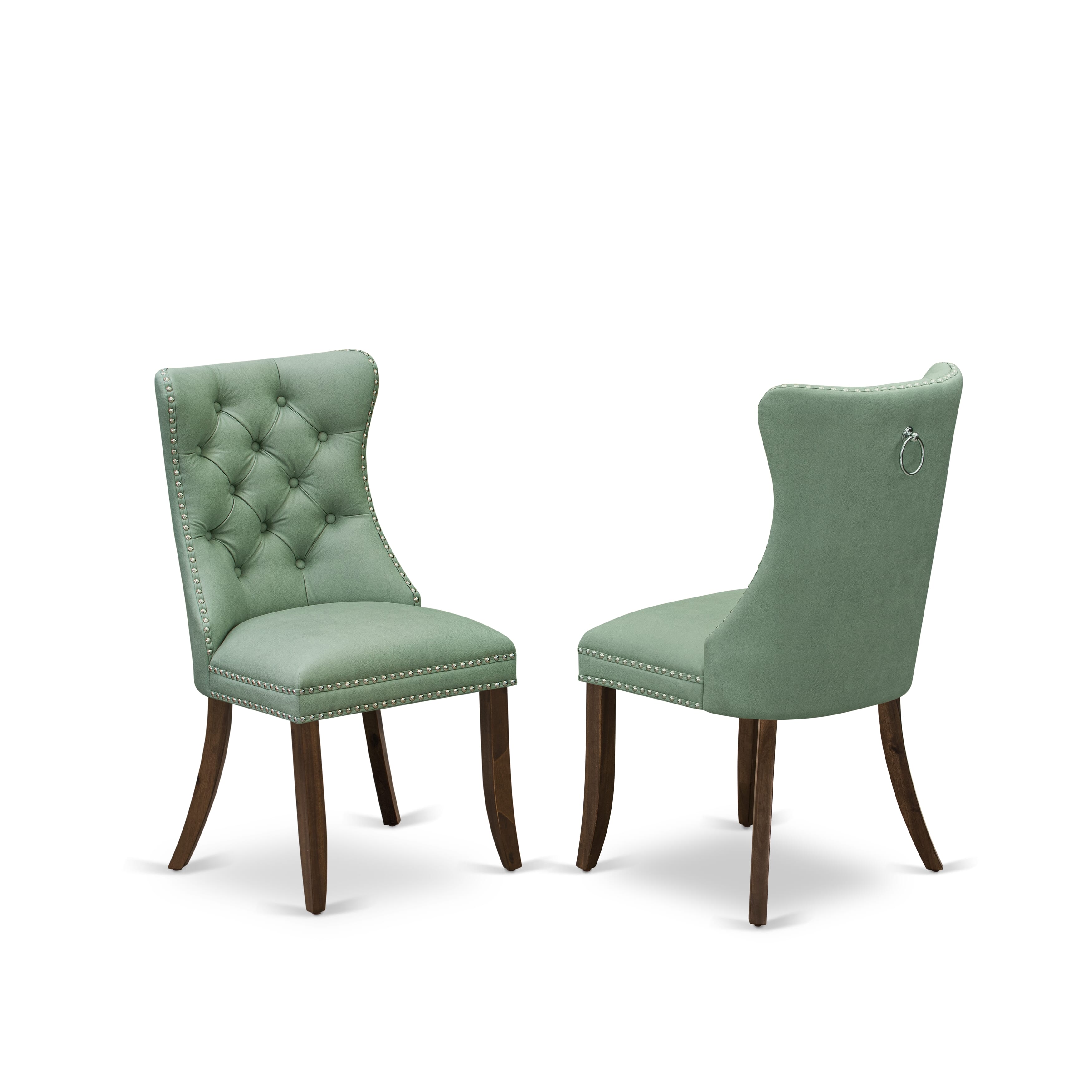 X02DA-208-22-5 Pieces Extendable Dining Set Includes a Rectangle Xtenczar Dinner Table, 2 Willow Green Faux Leather Dining Chairs and 2 Modern Benches, Antique Walnut