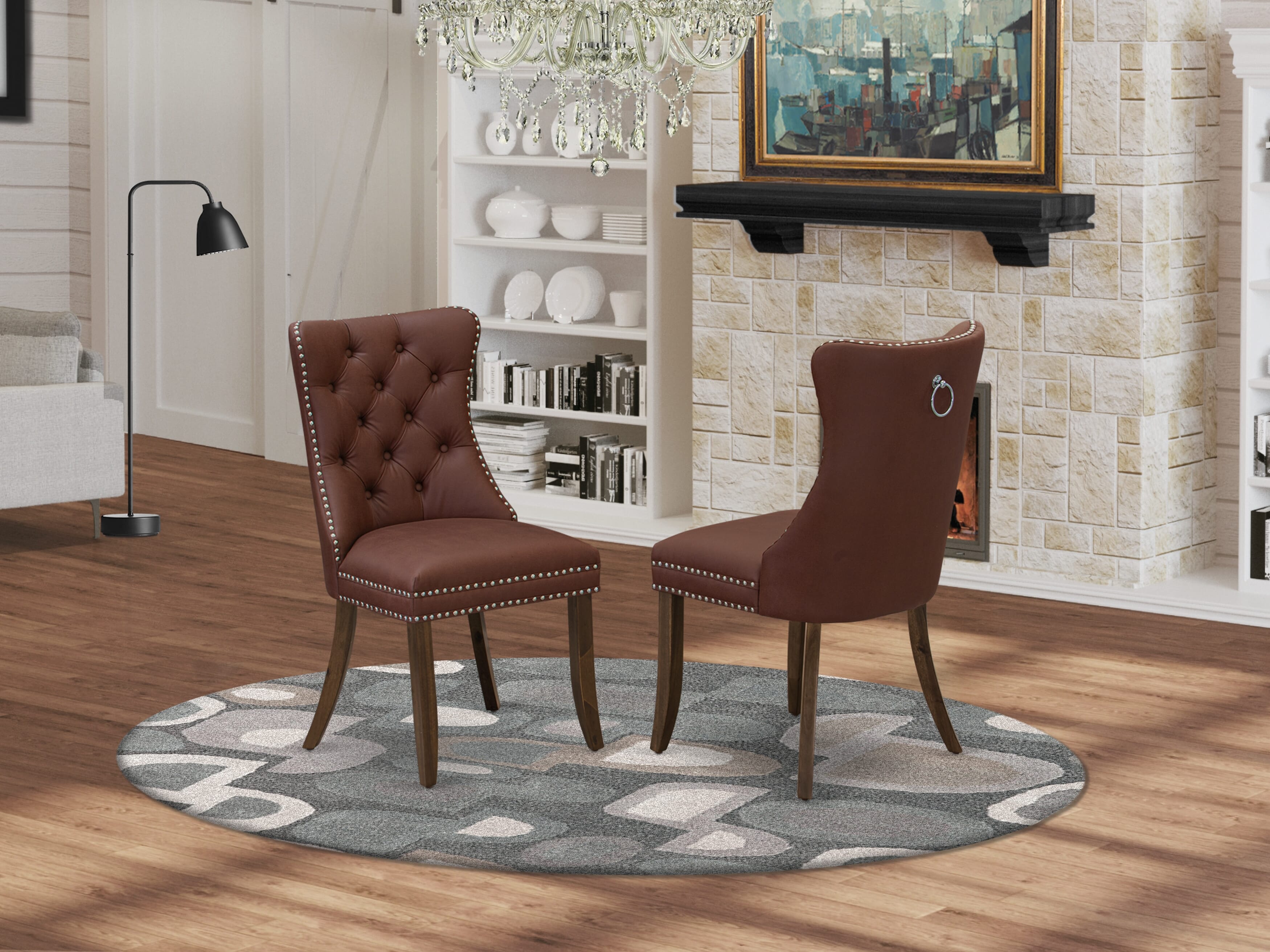 Luxe by East West Furniture F3DA5-50N-26 5-Pc Dining Room Set Include a Round Table and 4 Burgundy Faux Leather Upholstered Chairs with Button-Tufted Back, Antique Walnut