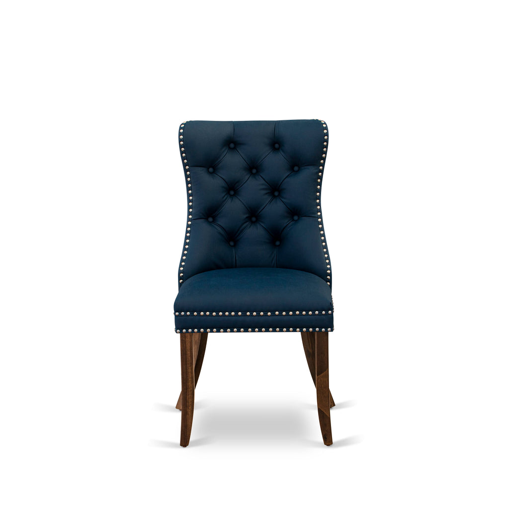 Luxe by East West Furniture I7DA7-40N-29 7-Piece Dining Table Set with Faux Leather 6 Navy Blue Kitchen chairs, Button-Tufted Backs, and a 48"Round Table in Antique Walnut Finish.
