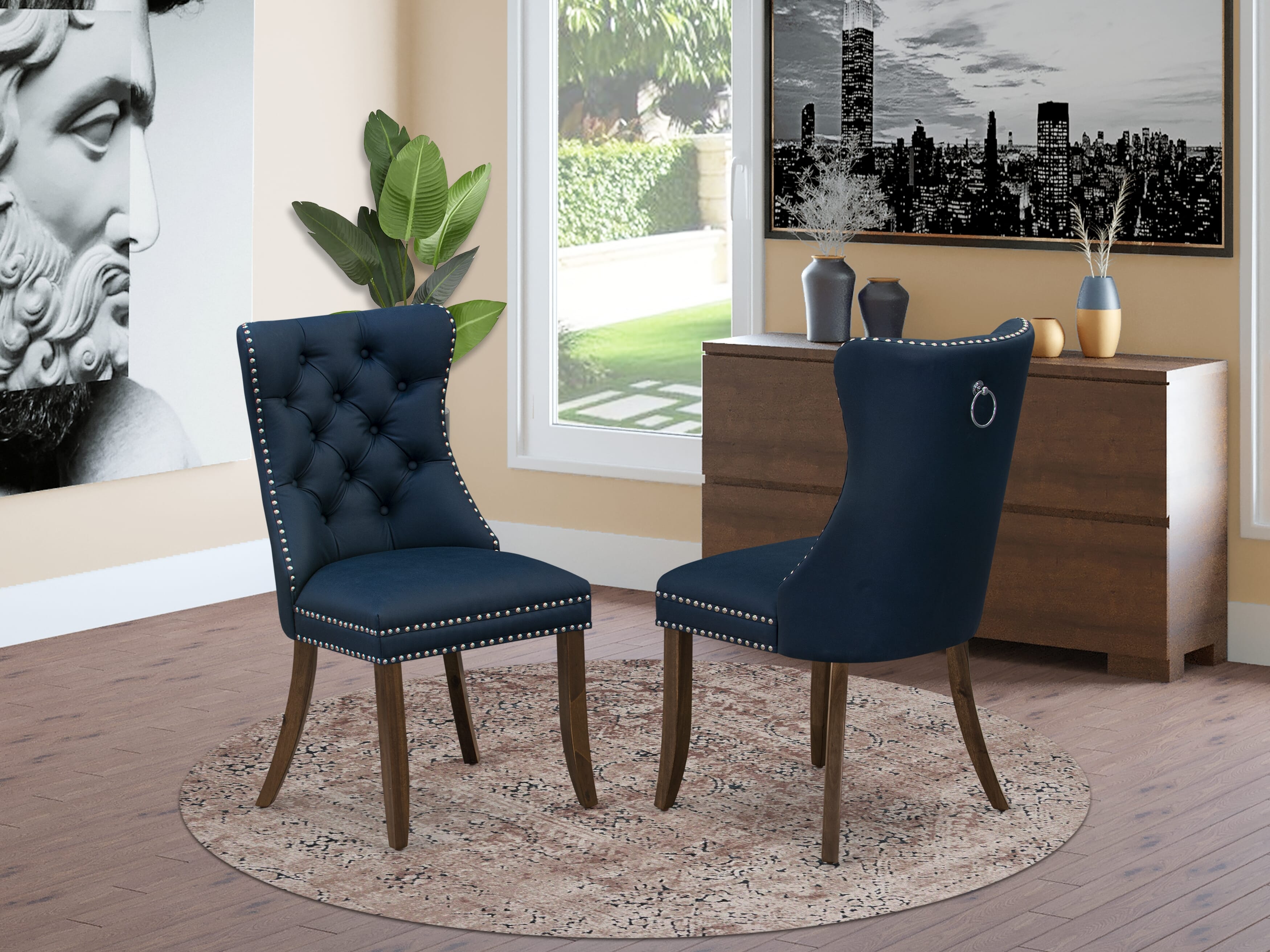 Luxe by East West Furniture LKDA5-AWA-29-5 Pieces Modern Dining Set Includes a Rectangle Kitchen Table and 4 Navy Blue Faux Leather Dining Chairs, Antique Walnut
