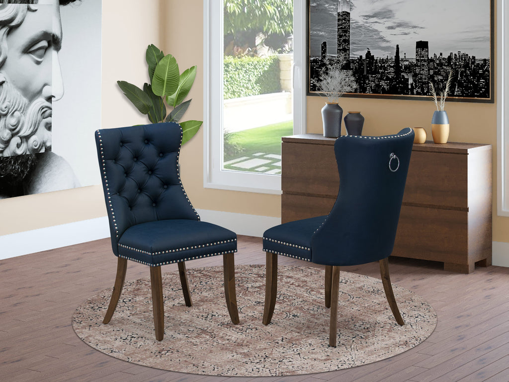Luxe by East West Furniture I7DA7-40N-29 7-Piece Dining Table Set with Faux Leather 6 Navy Blue Kitchen chairs, Button-Tufted Backs, and a 48"Round Table in Antique Walnut Finish.