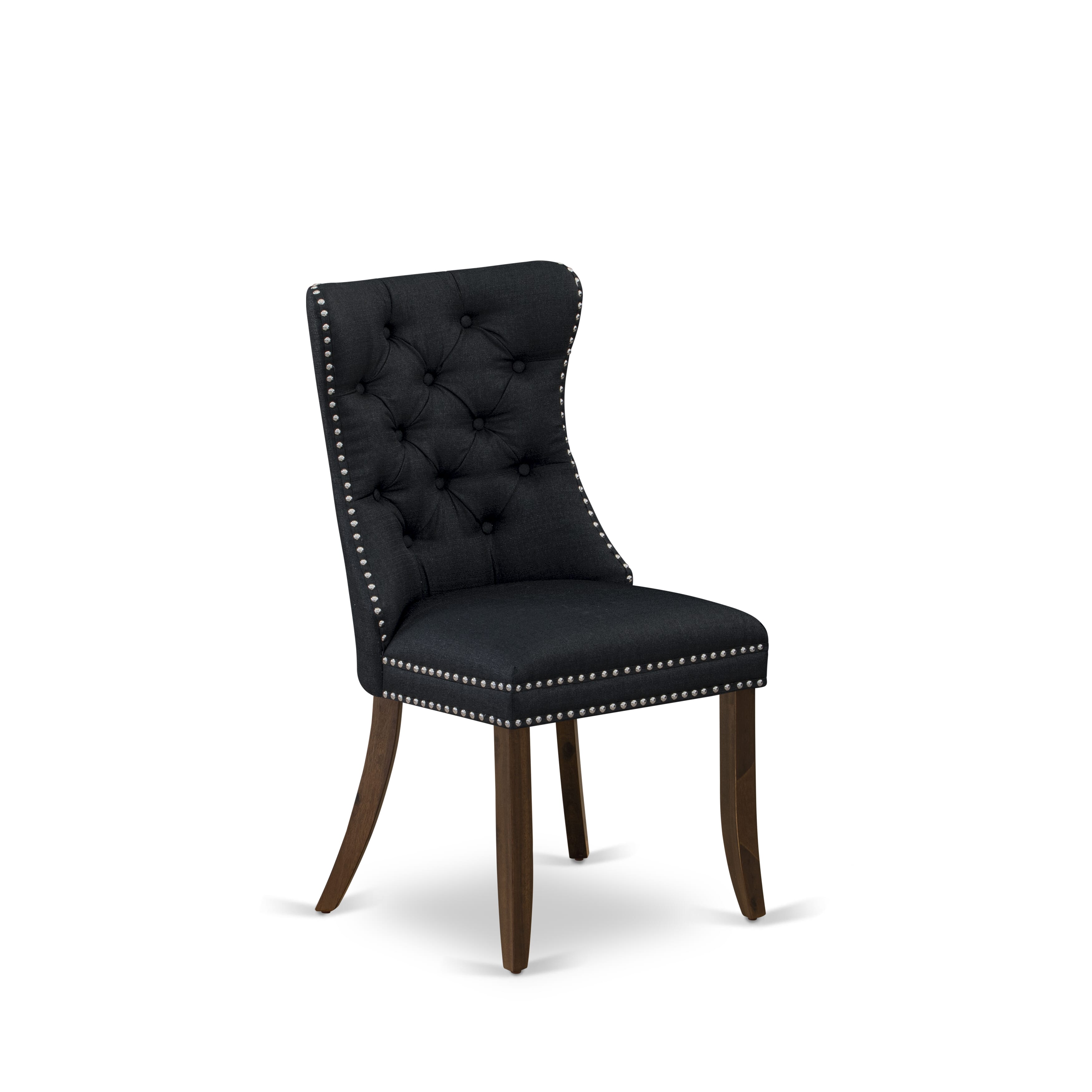 Luxe by East West Furniture F2DA7-50N-24 7-Piece Dining Set with Linen Fabric 6 Black upholstered chairs, Button-Tufted Backs, and a 54"Round Dining Table in Antique Walnut Finish.