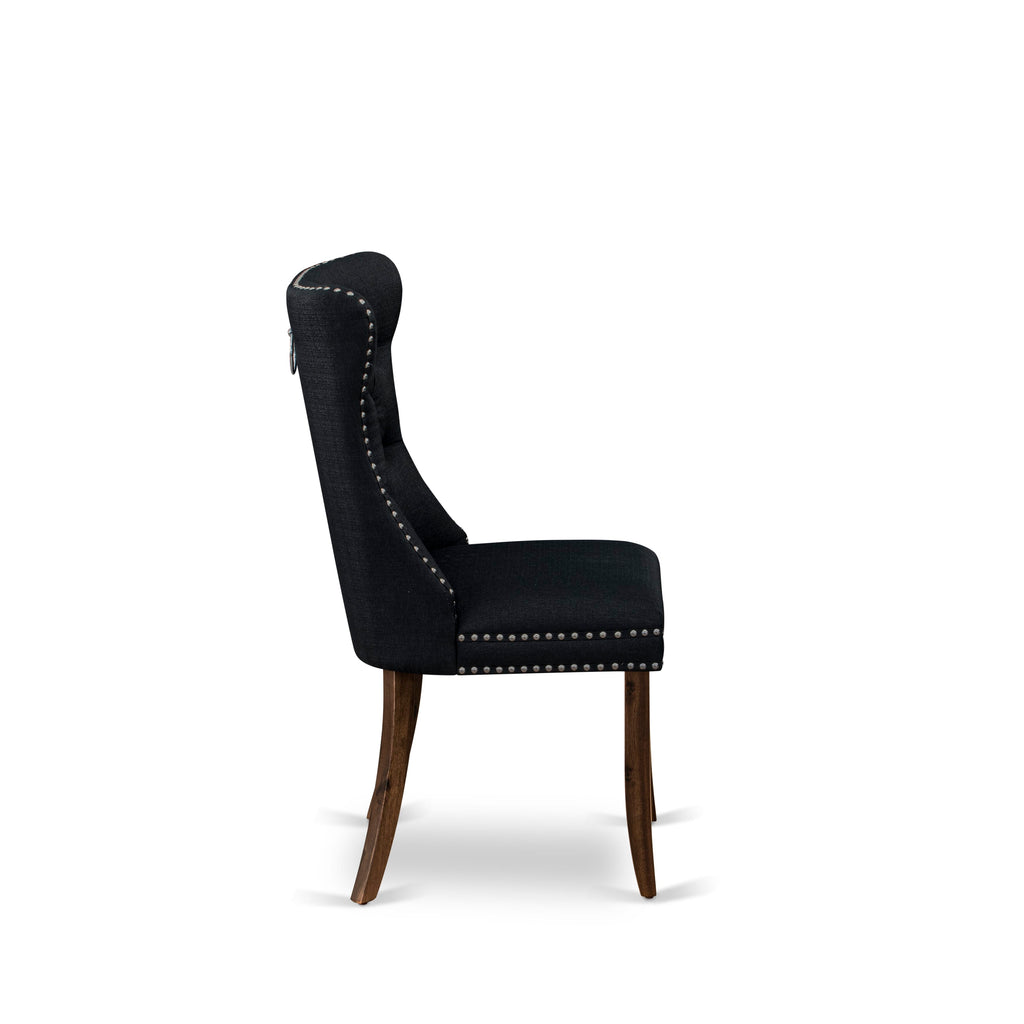 Luxe by East West Furniture I8DA7-40N-24 7-Piece Modern Dining Room Set with Linen Fabric 6 Black Dining chairs, Button-Tufted Backs, and a 48"Round Table in Antique Walnut Finish.