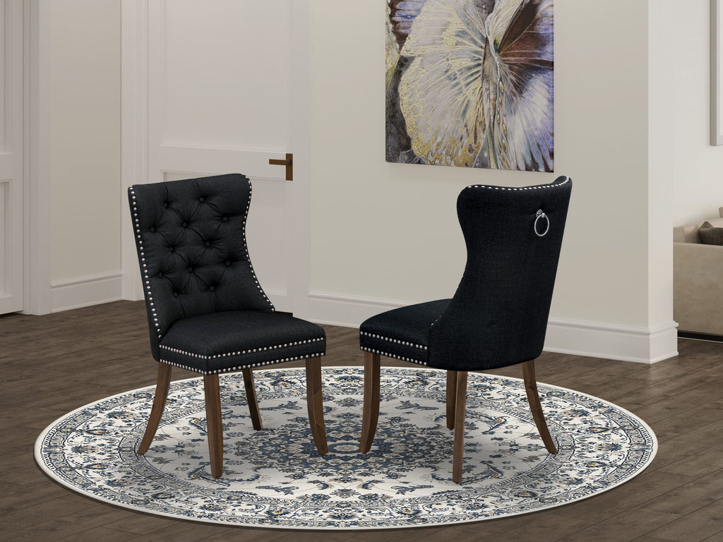 Luxe by East West Furniture I8DA7-40N-24 7-Piece Modern Dining Room Set with Linen Fabric 6 Black Dining chairs, Button-Tufted Backs, and a 48"Round Table in Antique Walnut Finish.