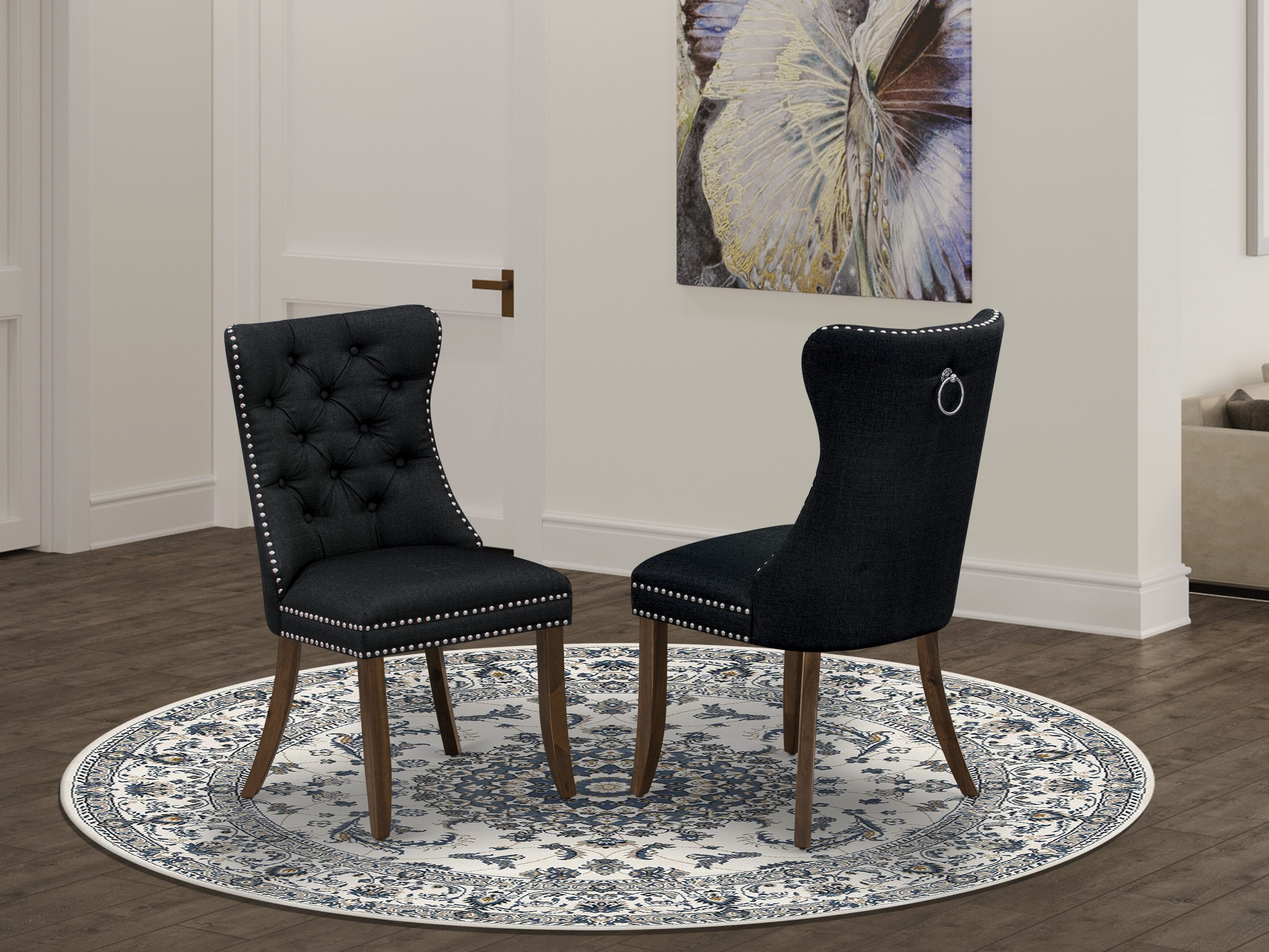 Luxe by East West Furniture I6DA7-40N-24 7-Piece Dining Room Set with Linen Fabric 6 Black parson dining chairs, Button-Tufted Backs, and a 48"Round Kitchen Table in Antique Walnut Finish.