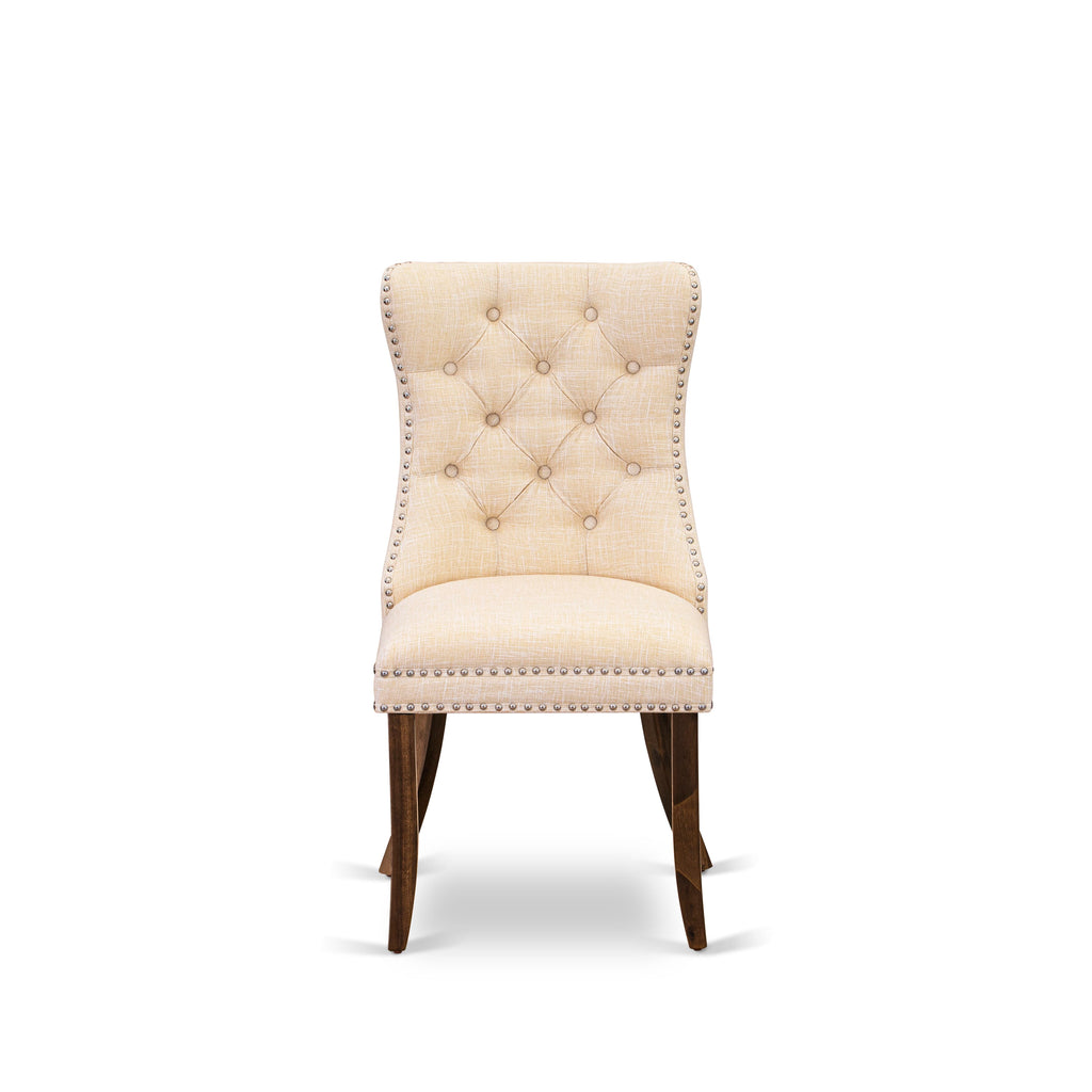 Luxe by East West Furniture I5DA7-40N-32 7-Piece Kitchen Table Set with Linen Fabric 6 Light Beige dining room chairs, Button-Tufted Backs, and a 48"Round Kitchen Table in Antique Walnut Finish.