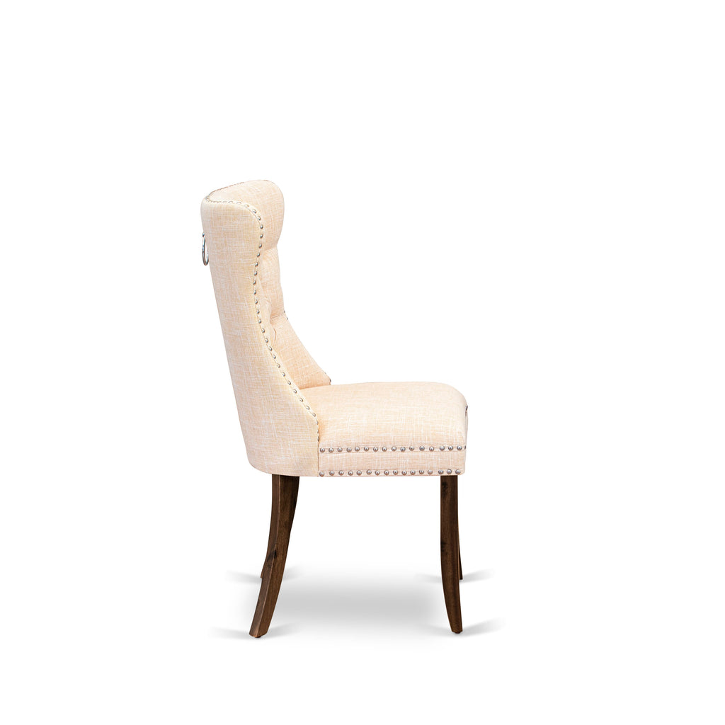 Luxe by East West Furniture I5DA7-40N-32 7-Piece Kitchen Table Set with Linen Fabric 6 Light Beige dining room chairs, Button-Tufted Backs, and a 48"Round Kitchen Table in Antique Walnut Finish.