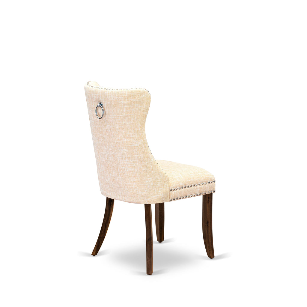 Luxe by East West Furniture I5DA7-40N-32 7-Piece Kitchen Table Set with Linen Fabric 6 Light Beige dining room chairs, Button-Tufted Backs, and a 48"Round Kitchen Table in Antique Walnut Finish.