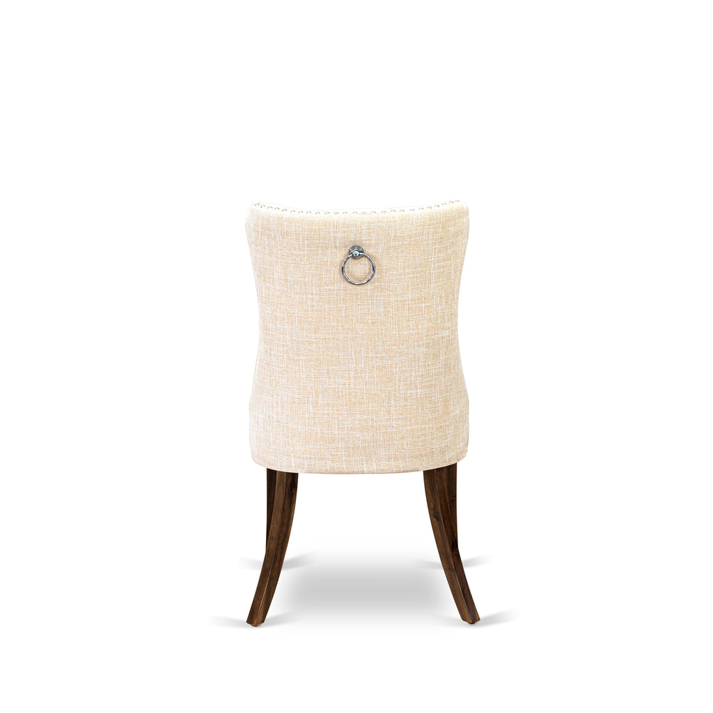 Luxe by East West Furniture I5DA7-40N-32 7-Piece Kitchen Table Set with Linen Fabric 6 Light Beige dining room chairs, Button-Tufted Backs, and a 48"Round Kitchen Table in Antique Walnut Finish.