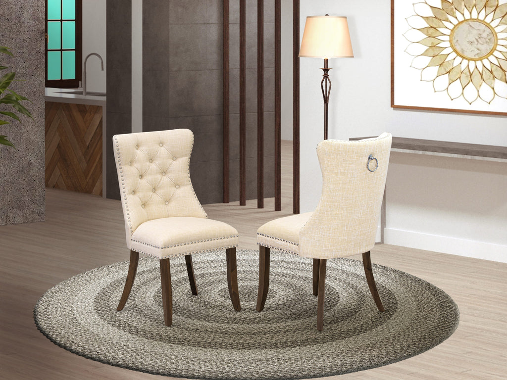 Luxe by East West Furniture I5DA7-40N-32 7-Piece Kitchen Table Set with Linen Fabric 6 Light Beige dining room chairs, Button-Tufted Backs, and a 48"Round Kitchen Table in Antique Walnut Finish.