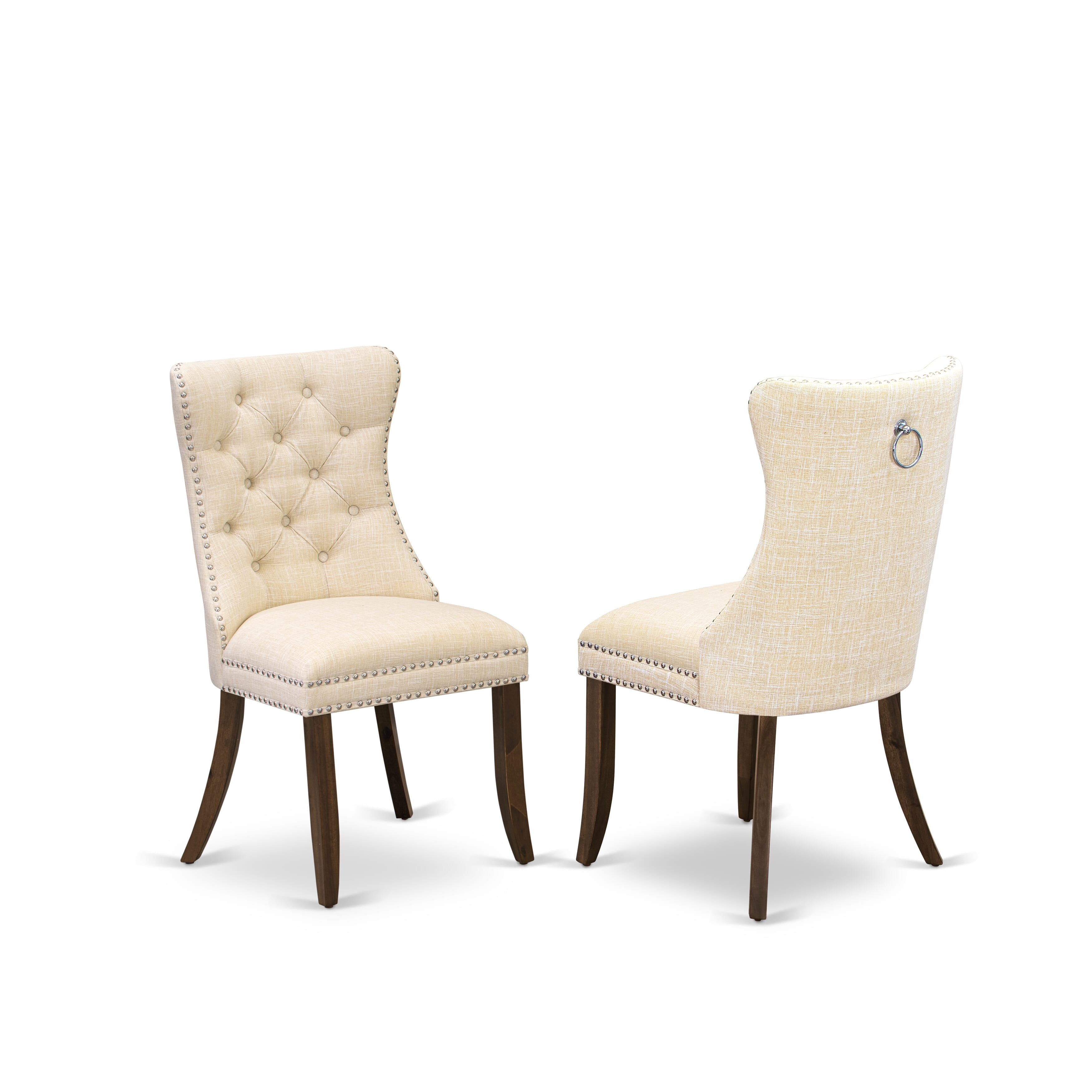 Luxe by East West Furniture F7DA5-40N-32 5-Piece Kitchen Table Set with Linen Fabric 4 Light Beige upholstered chairs, Button-Tufted Backs, and a 48"Round Dinner Table in Antique Walnut Finish.