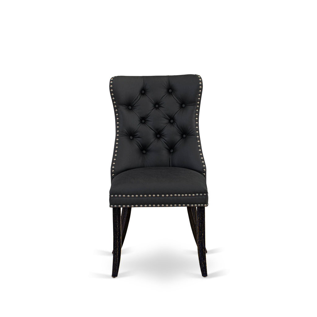 Sillas de comedor Dallas Parson DAPFF12 de East West Furniture, tapizadas en piel sintética gris oscuro con botones capitoné y ribete de tachuelas.