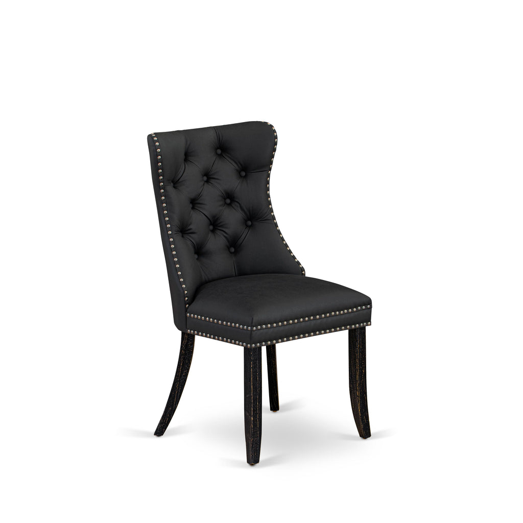 Sillas de comedor Dallas Parson DAPFF12 de East West Furniture, tapizadas en piel sintética gris oscuro con botones capitoné y ribete de tachuelas.
