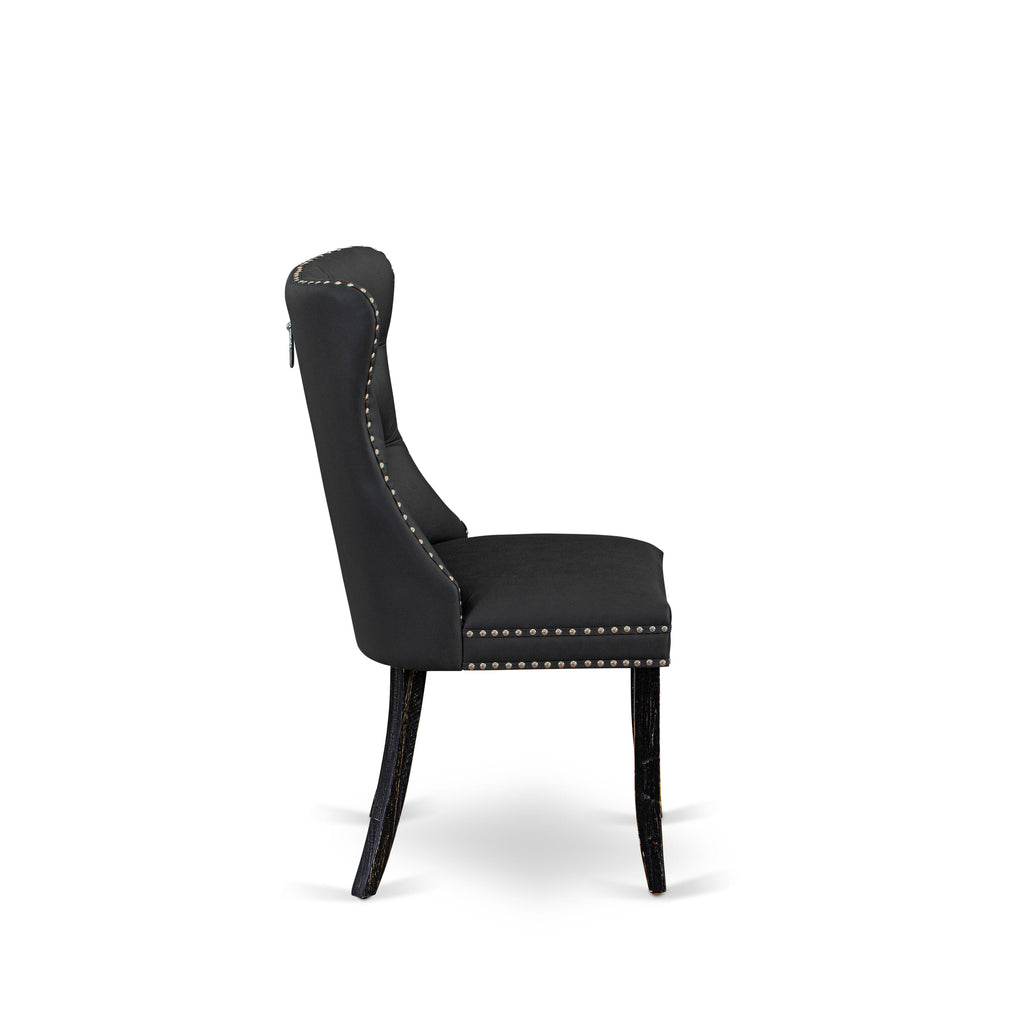 Sillas de comedor Dallas Parson DAPFF12 de East West Furniture, tapizadas en piel sintética gris oscuro con botones capitoné y ribete de tachuelas.