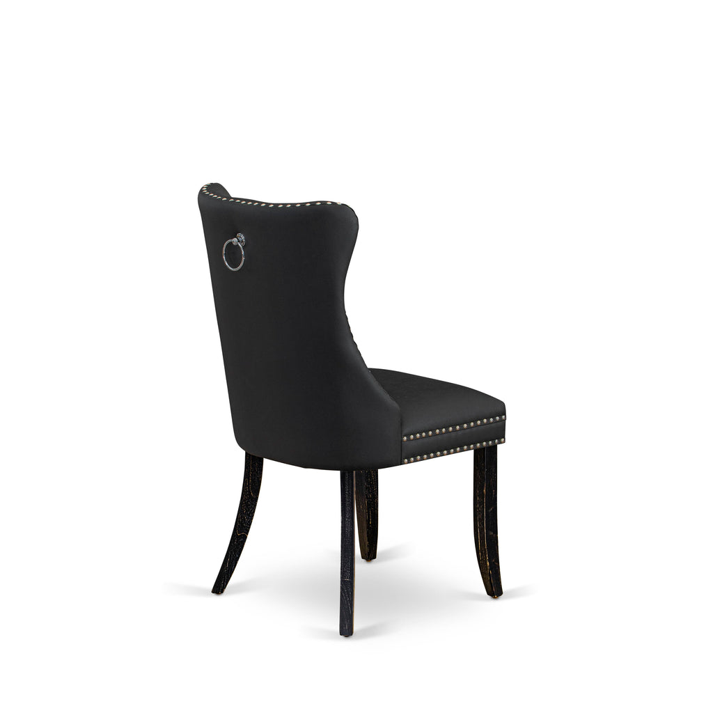 Sillas de comedor Dallas Parson DAPFF12 de East West Furniture, tapizadas en piel sintética gris oscuro con botones capitoné y ribete de tachuelas.