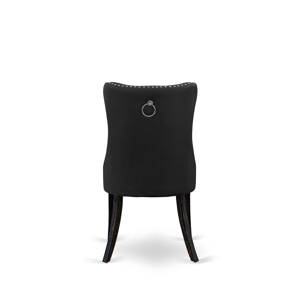 Sillas de comedor Dallas Parson DAPFF12 de East West Furniture, tapizadas en piel sintética gris oscuro con botones capitoné y ribete de tachuelas.
