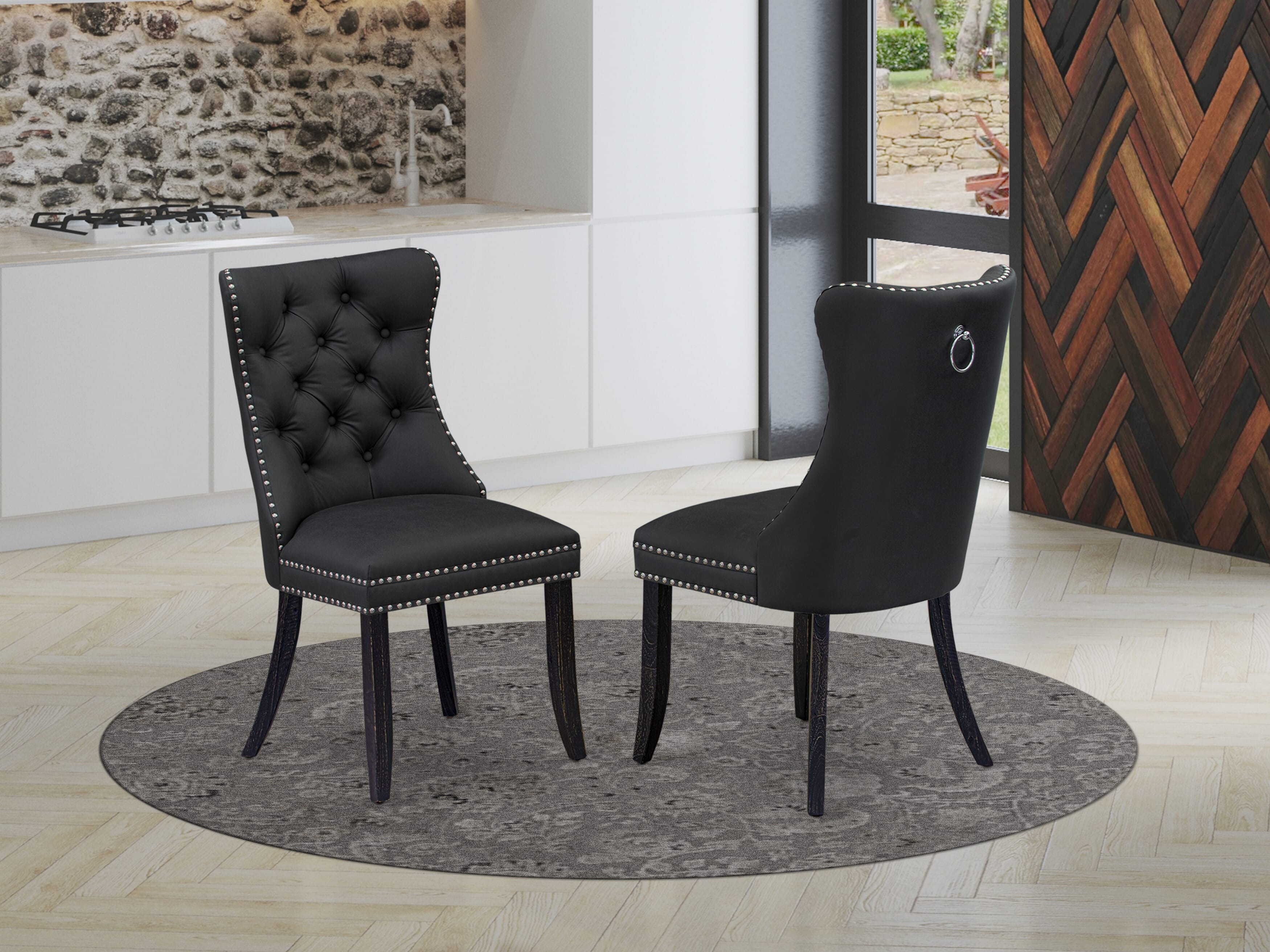 Luxe by East West Furniture LEDA5-SBB-12-5 Pieces Modern Dining Set Includes a Rectangle Kitchen Table and 4 Dark Gray Faux Leather Dining Chairs, Sand Blasting Black