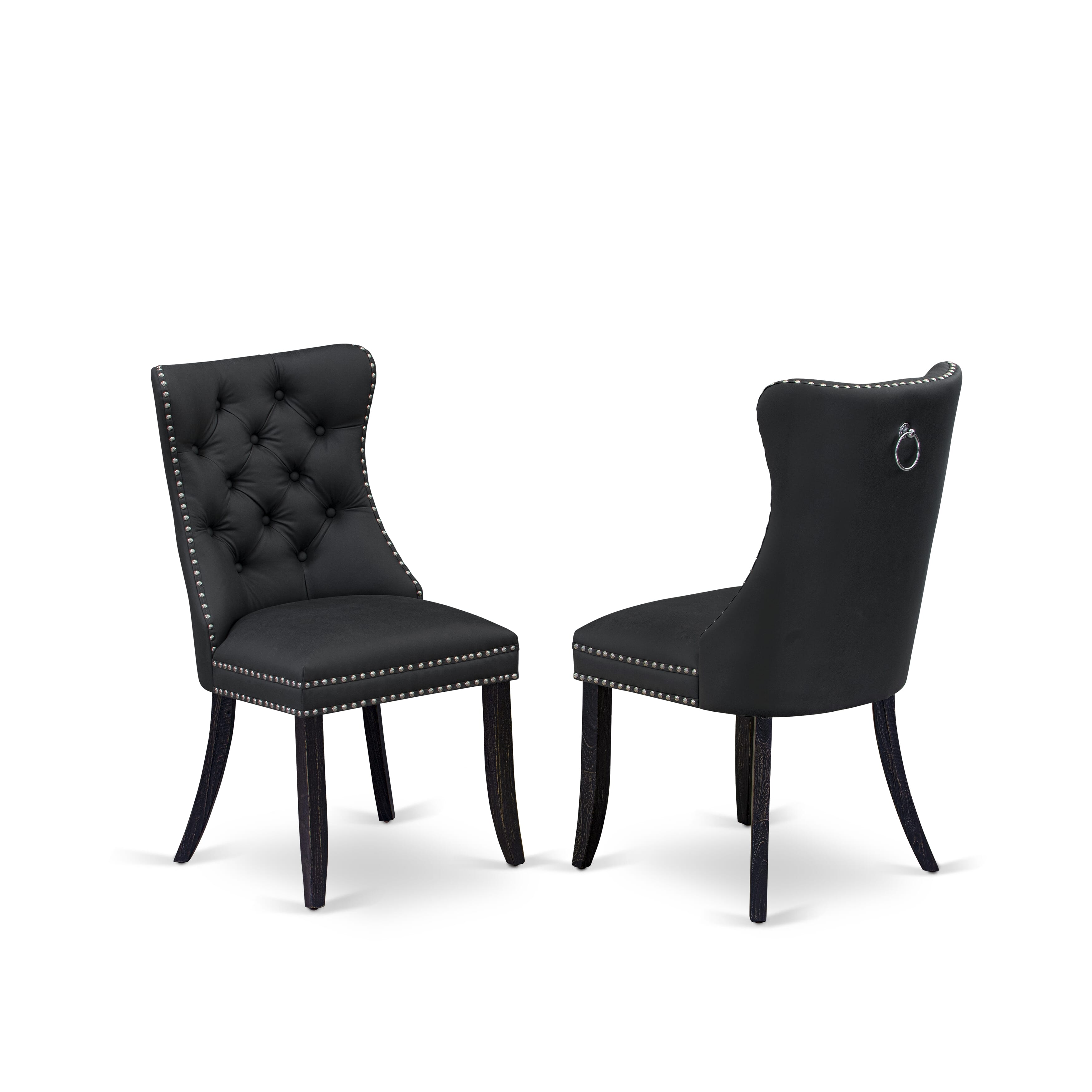 East West Furniture DAPFF12 Dallas Parson Dining Room Chairs - Button Tufted Nailhead Trim Dark Gray faux Leather Upholstered Chairs, Set of 2, Sand Blasted Black
