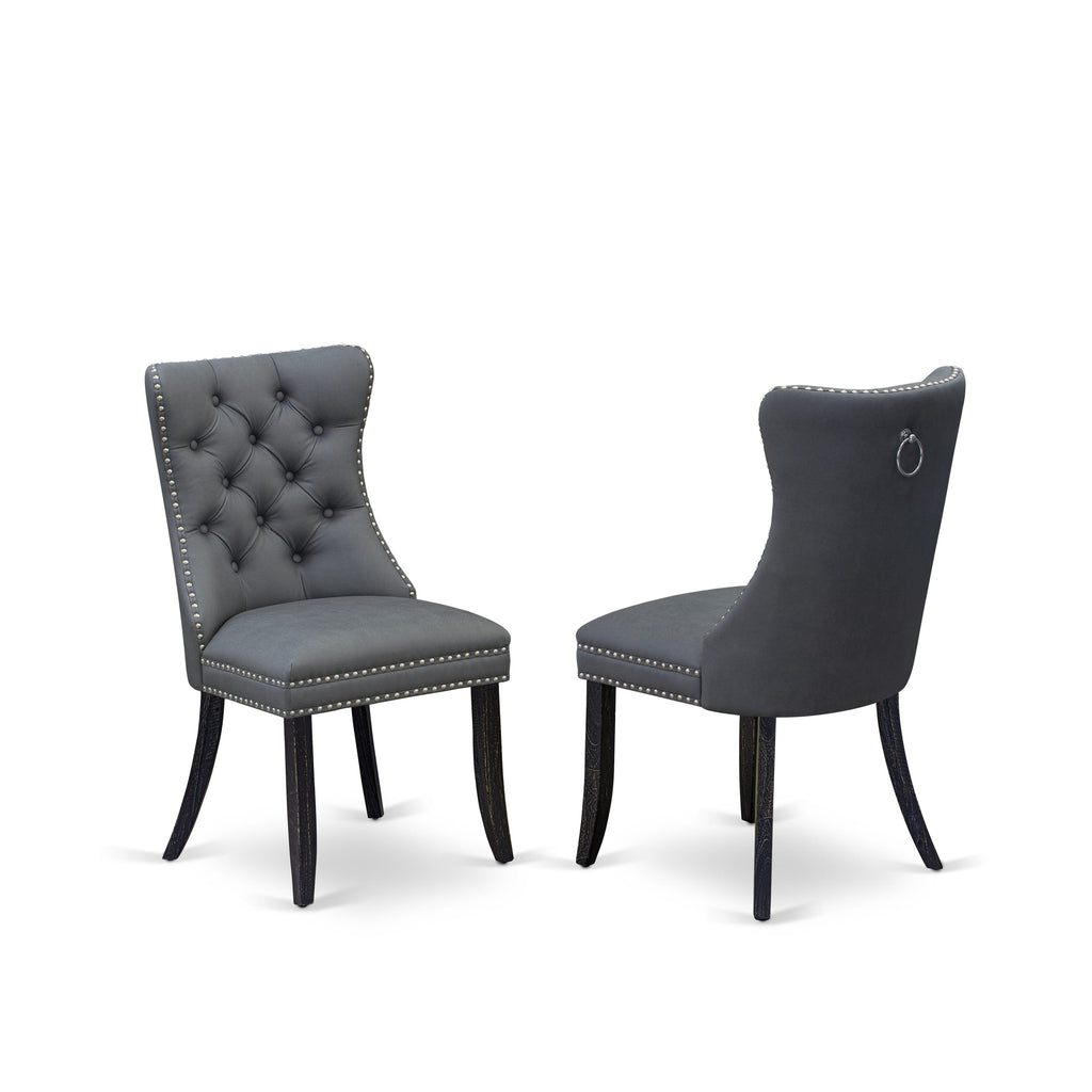 Luxe by East West Furniture F8DA5-411-13 5-piece Mid Century Kitchen Set with Faux Leather 4 Platinum Gray kitchen chairs, Button-Tufted Backs, and a 48"Round Table in Sand Blasted Black Finish.