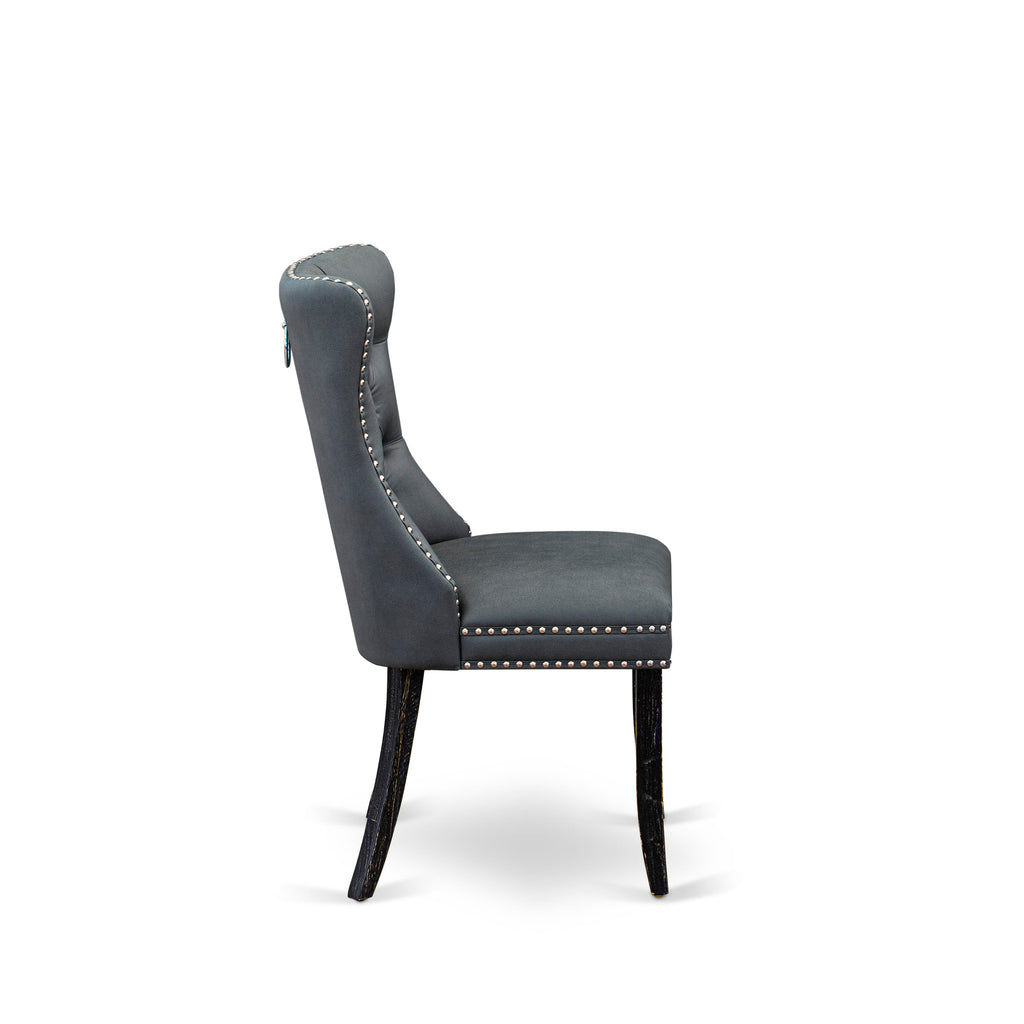 Luxe by East West Furniture F8DA5-411-13 5-piece Mid Century Kitchen Set with Faux Leather 4 Platinum Gray kitchen chairs, Button-Tufted Backs, and a 48"Round Table in Sand Blasted Black Finish.