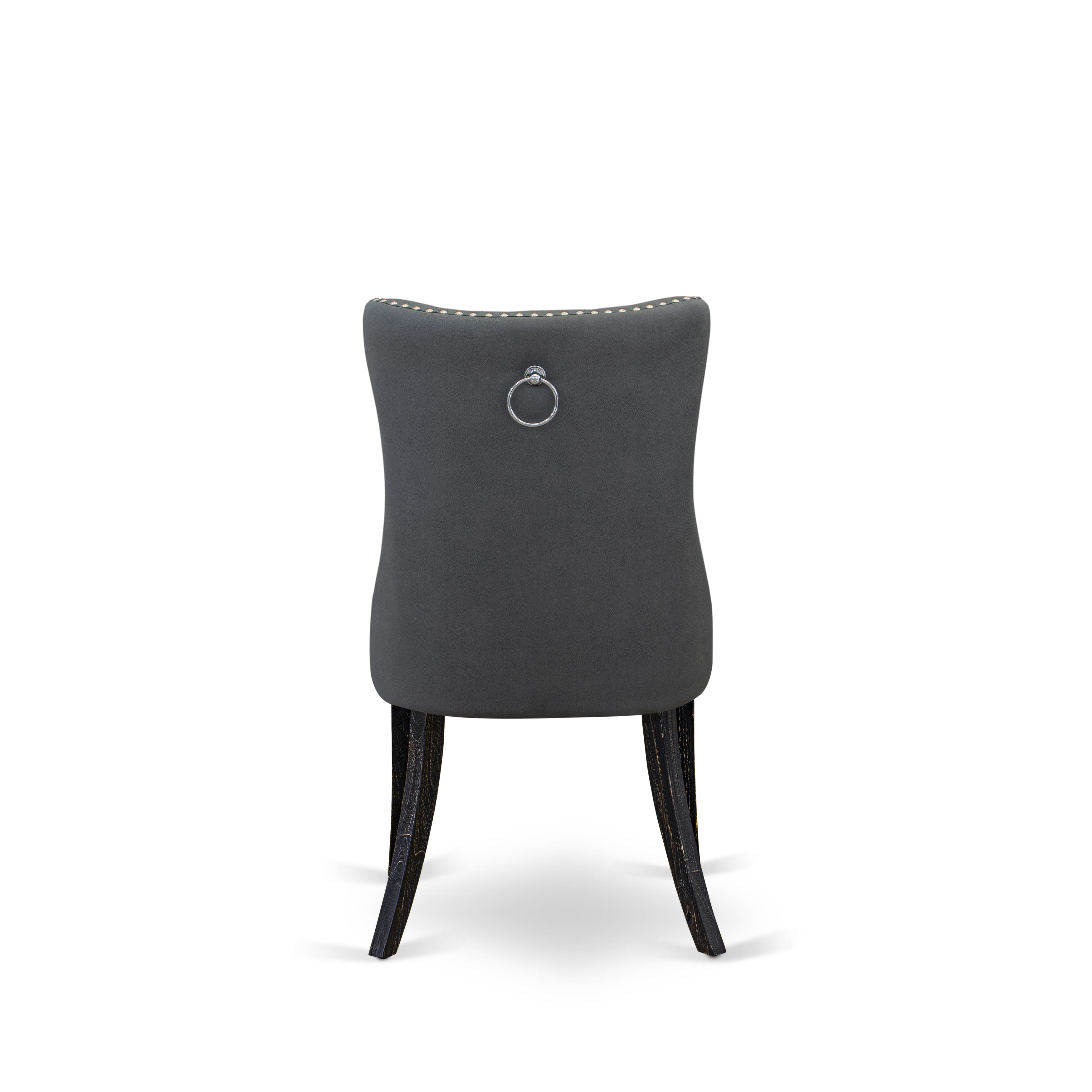Luxe by East West Furniture F8DA5-411-13 5-piece Mid Century Kitchen Set with Faux Leather 4 Platinum Gray kitchen chairs, Button-Tufted Backs, and a 48"Round Table in Sand Blasted Black Finish.