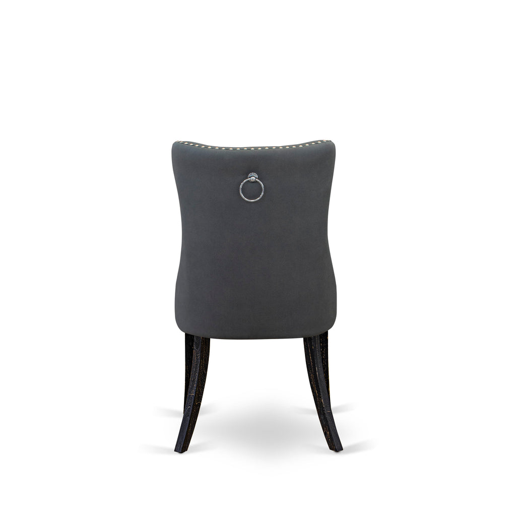 Luxe by East West Furniture F8DA5-411-13 5-piece Mid Century Kitchen Set with Faux Leather 4 Platinum Gray kitchen chairs, Button-Tufted Backs, and a 48"Round Table in Sand Blasted Black Finish.