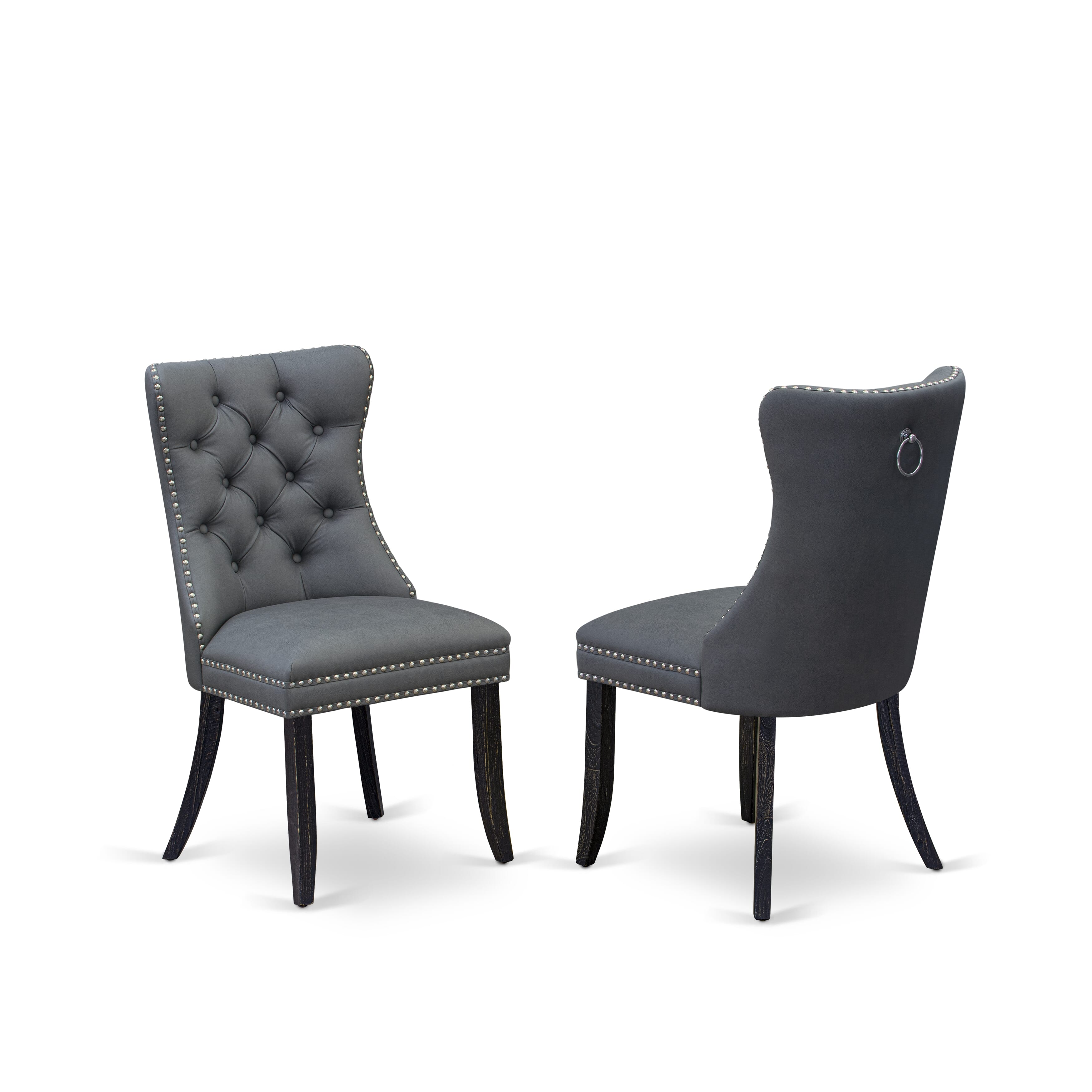 Luxe by East West Furniture F3DA5-411-13 5-piece Dining Room Set with Faux Leather 4 Platinum Gray kitchen chairs, Button-Tufted Backs, and a 48"Round Dinner Table in Sand Blasted Black Finish.
