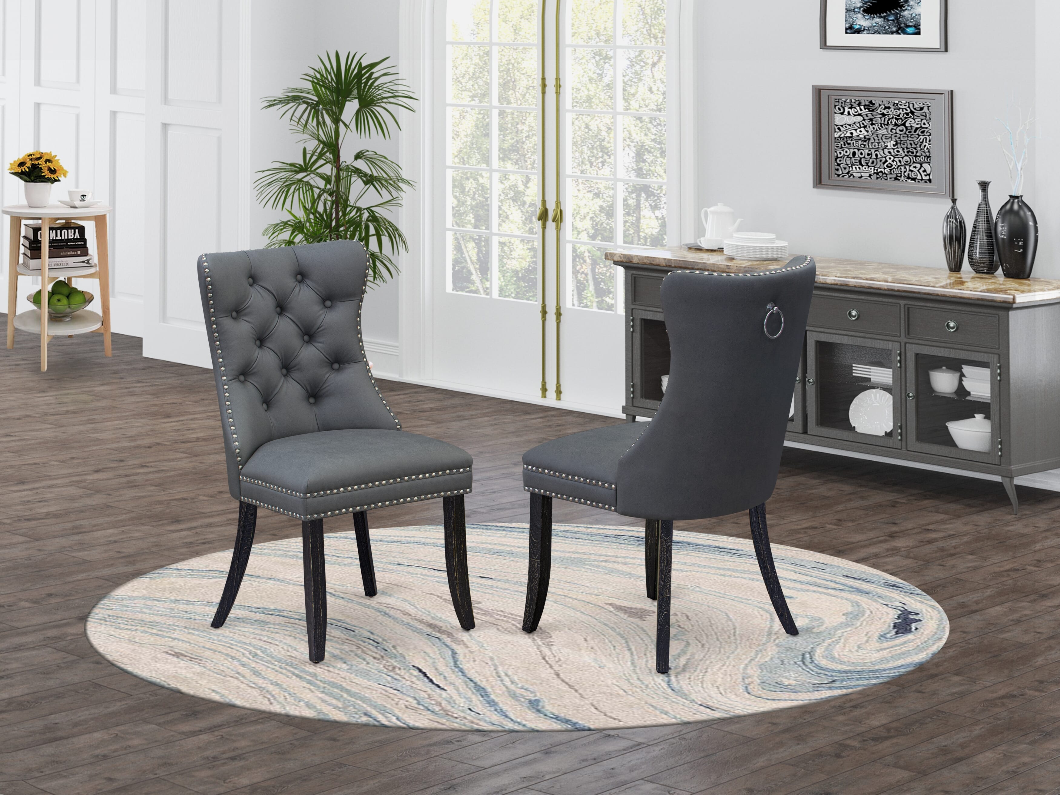 Luxe by East West Furniture NKDA9-SBB-13 9 Pieces Dining Table Set Includes a Rectangle Table and 8 Platinum Gray Faux Leather Dining Chairs, Sand Blasting Black