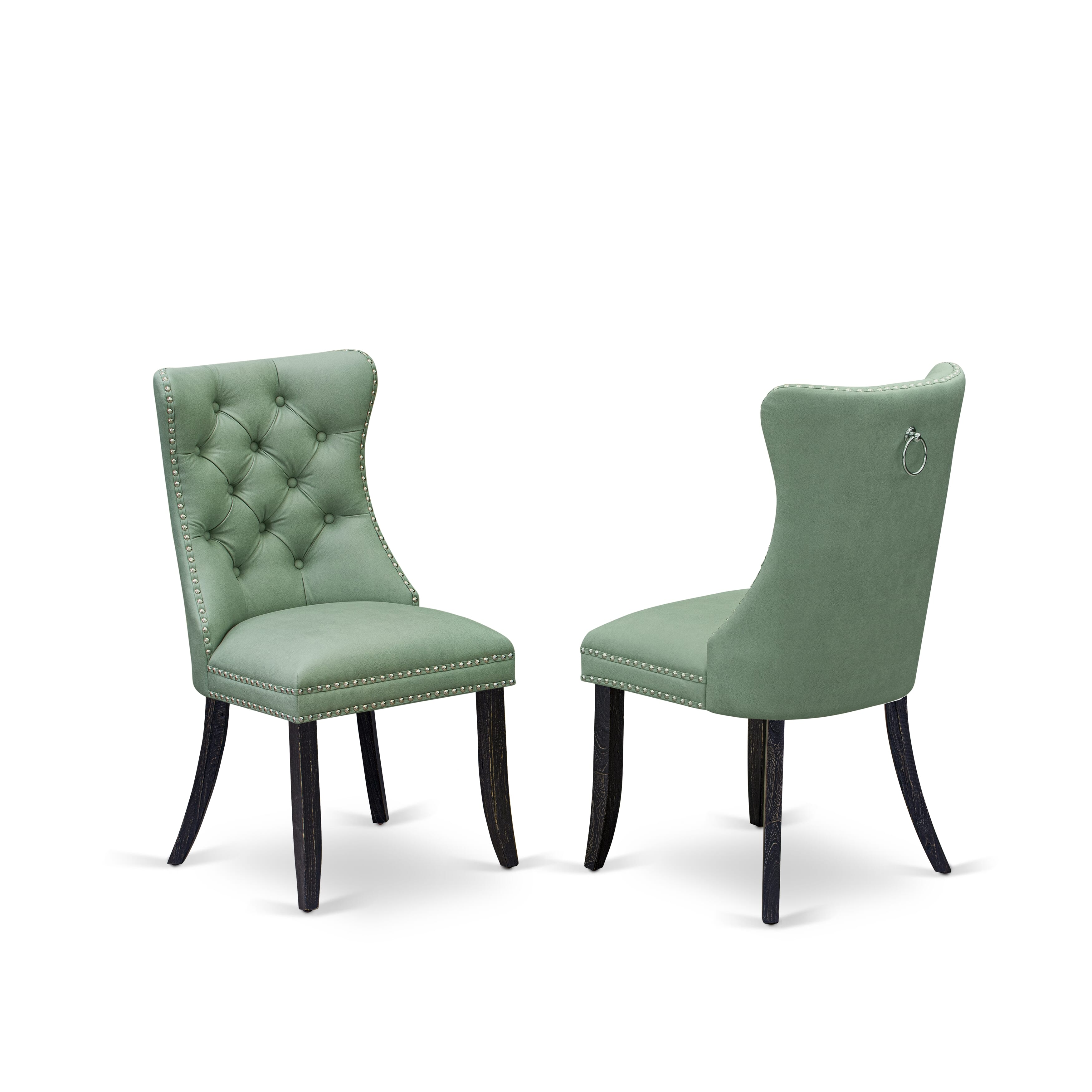 Luxe by East West Furniture I7DA5-411-22 5 Piece Dining Set Contains a 48" Round Table with Pedestal and 4 Willow Green Faux Leather Upholstered Chairs, Sand Blasted Black
