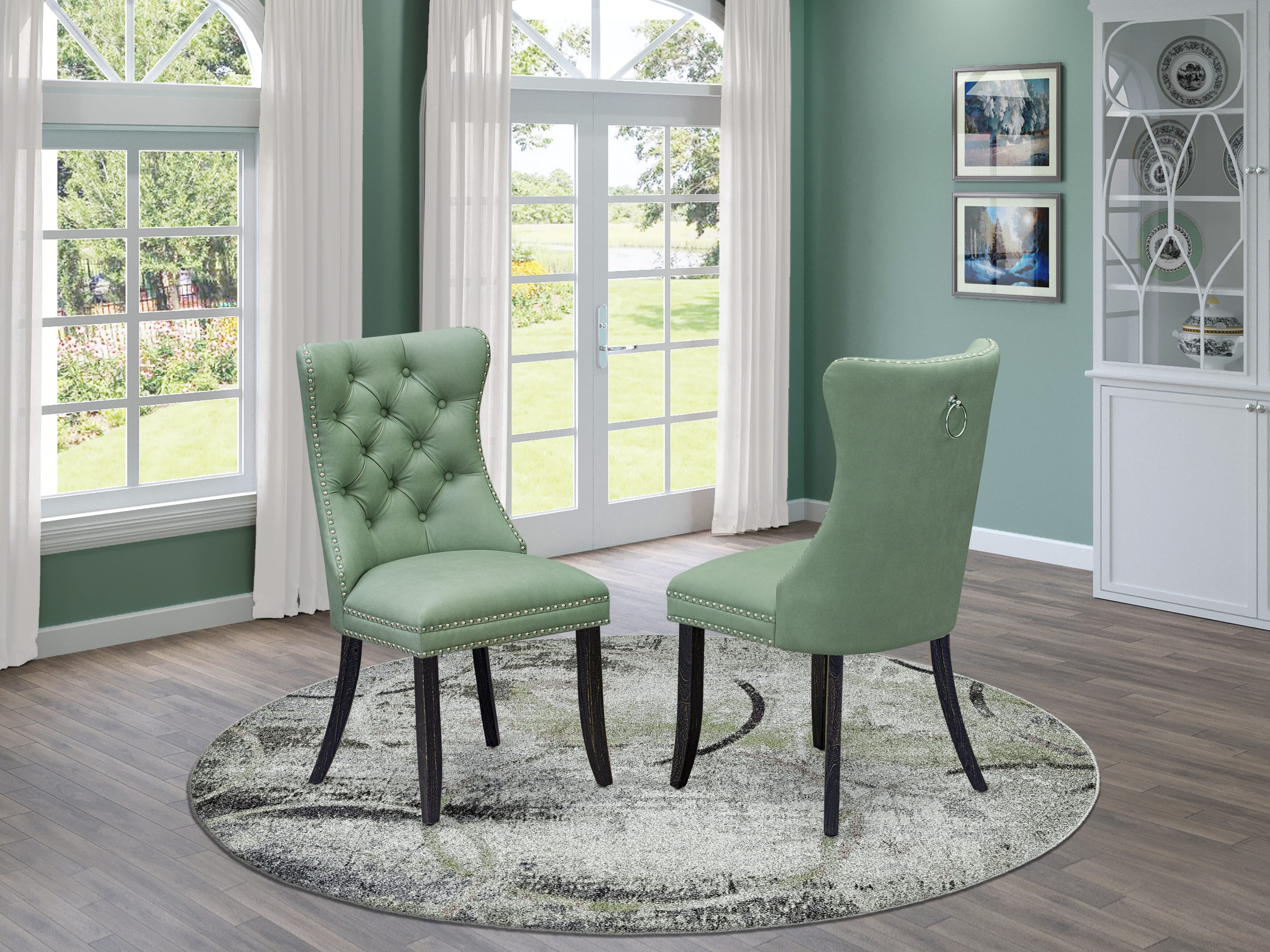 Luxe by East West Furniture F8DA5-411-22 5 Piece Dining Set Consists of a 48" Round Table with Pedestal and 4 Willow Green Faux Leather Upholstered Chairs, Sand Blasted Black