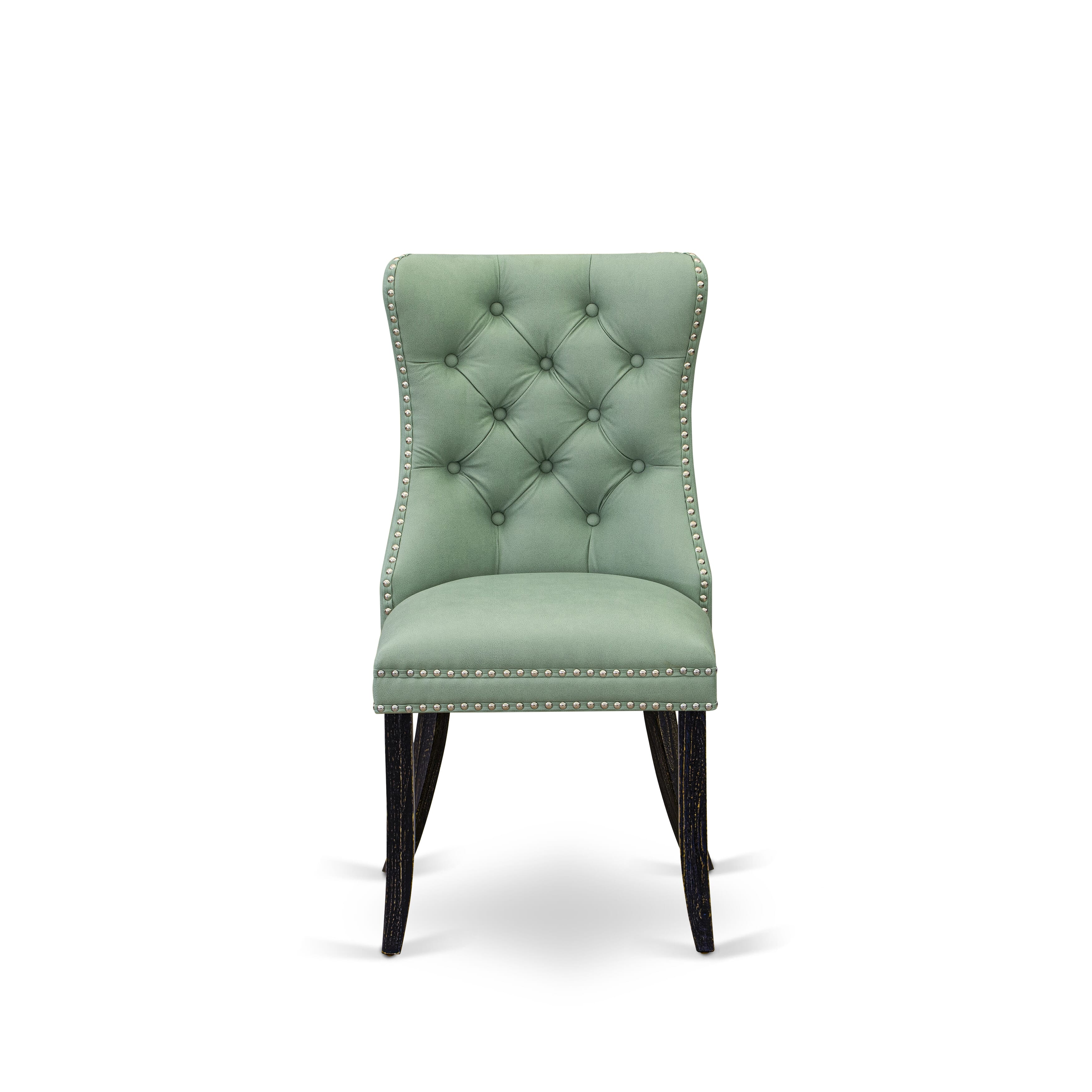 Luxe by East West Furniture F6DA7-411-22 7 Piece Dinette Set Consists of a 48" Round Table with Pedestal and 6 Willow Green Faux Leather Dining Chairs, Sand Blasted Black