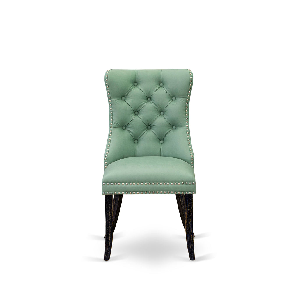 Luxe by East West Furniture F8DA5-411-22 5 Piece Dining Set Consists of a 48" Round Table with Pedestal and 4 Willow Green Faux Leather Upholstered Chairs, Sand Blasted Black