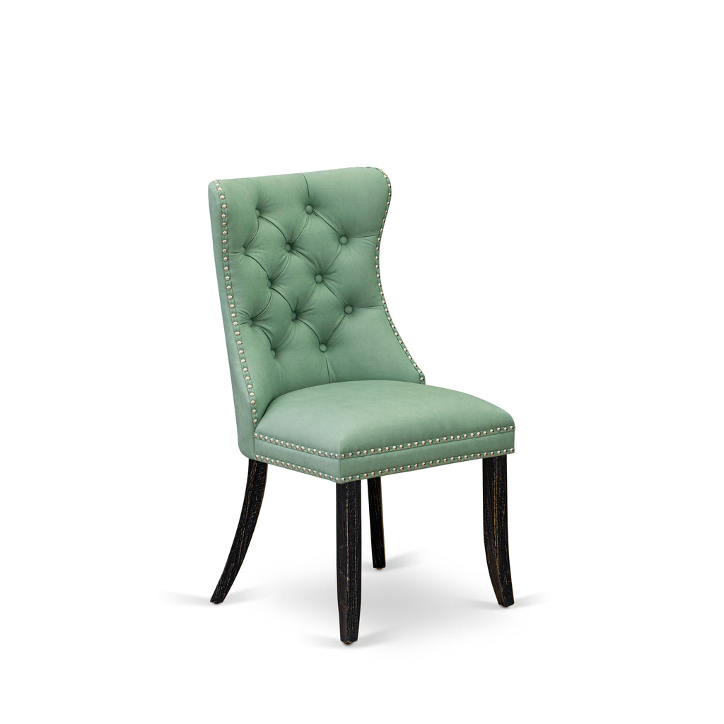 Luxe by East West Furniture F8DA5-411-22 5 Piece Dining Set Consists of a 48" Round Table with Pedestal and 4 Willow Green Faux Leather Upholstered Chairs, Sand Blasted Black