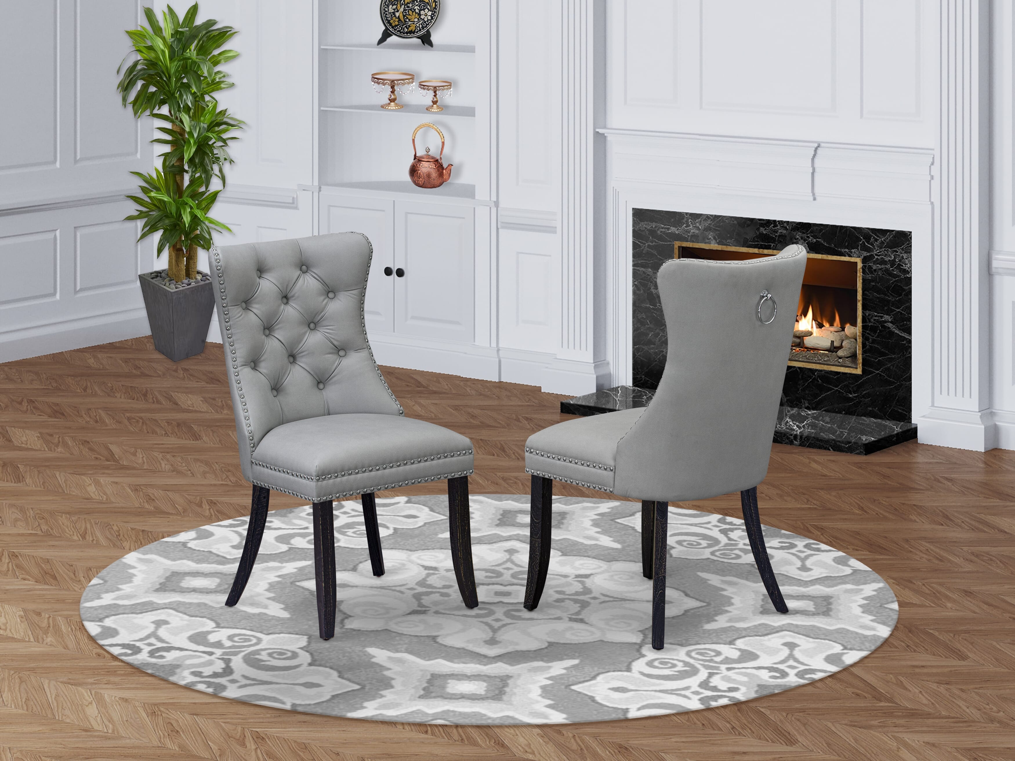 Luxe by East West Furniture LEDA9-SBB-27 - 9-piece kitchen table set-includes a dinner table and 8 Light Gray Faux Leather dining Chairs with Button Tufted Chair Back - Sand Blasting Black Finish.