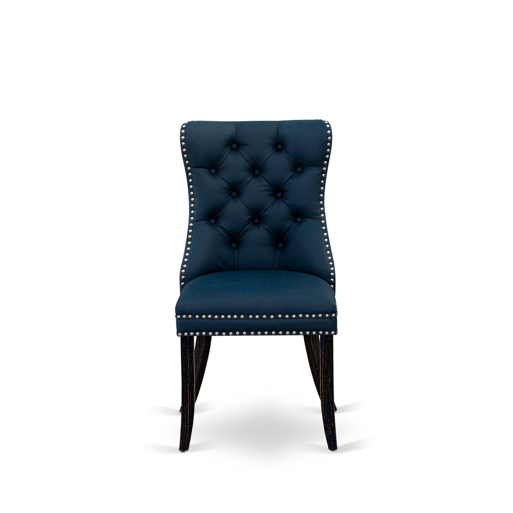 Luxe by East West Furniture F8DA5-511-29 5 Piece Dining Table Set Consists of a 54" Round Table with Pedestal and 4 Navy Blue Faux Leather Parson Chairs, Sand Blasted Black