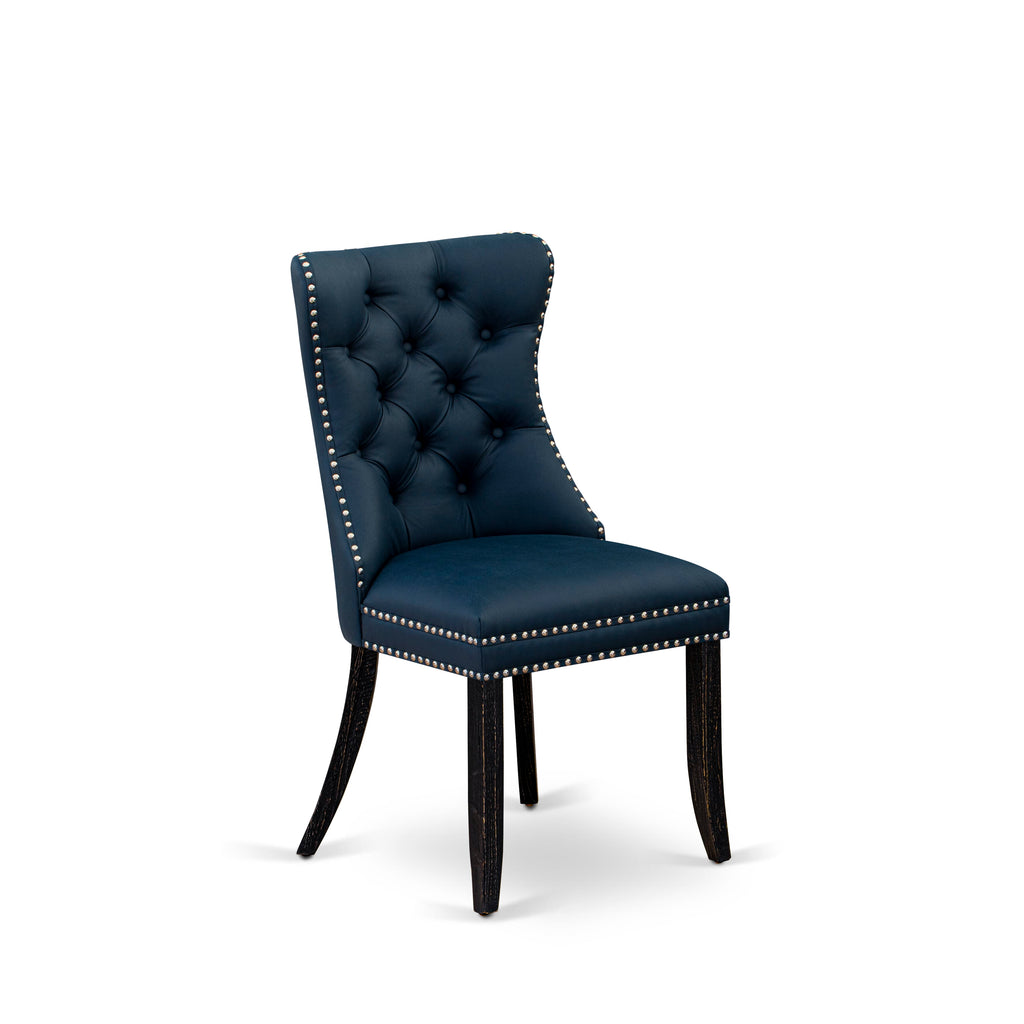Luxe by East West Furniture F8DA5-511-29 5 Piece Dining Table Set Consists of a 54" Round Table with Pedestal and 4 Navy Blue Faux Leather Parson Chairs, Sand Blasted Black