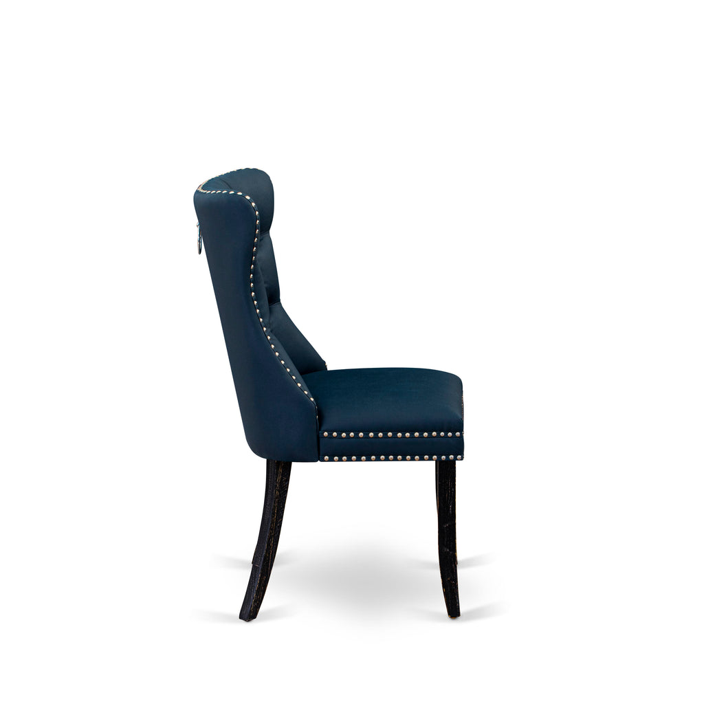 Luxe by East West Furniture F8DA5-511-29 5 Piece Dining Table Set Consists of a 54" Round Table with Pedestal and 4 Navy Blue Faux Leather Parson Chairs, Sand Blasted Black