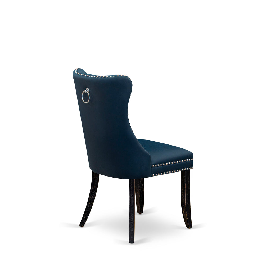 Luxe by East West Furniture F8DA5-511-29 5 Piece Dining Table Set Consists of a 54" Round Table with Pedestal and 4 Navy Blue Faux Leather Parson Chairs, Sand Blasted Black