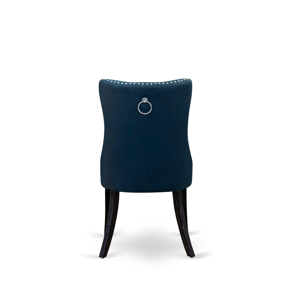 Luxe by East West Furniture F8DA5-511-29 5 Piece Dining Table Set Consists of a 54" Round Table with Pedestal and 4 Navy Blue Faux Leather Parson Chairs, Sand Blasted Black