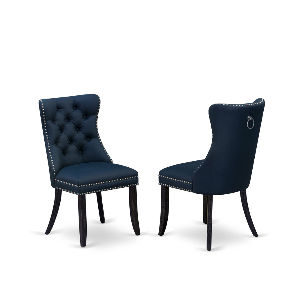 Luxe by East West Furniture F8DA5-511-29 5 Piece Dining Table Set Consists of a 54" Round Table with Pedestal and 4 Navy Blue Faux Leather Parson Chairs, Sand Blasted Black