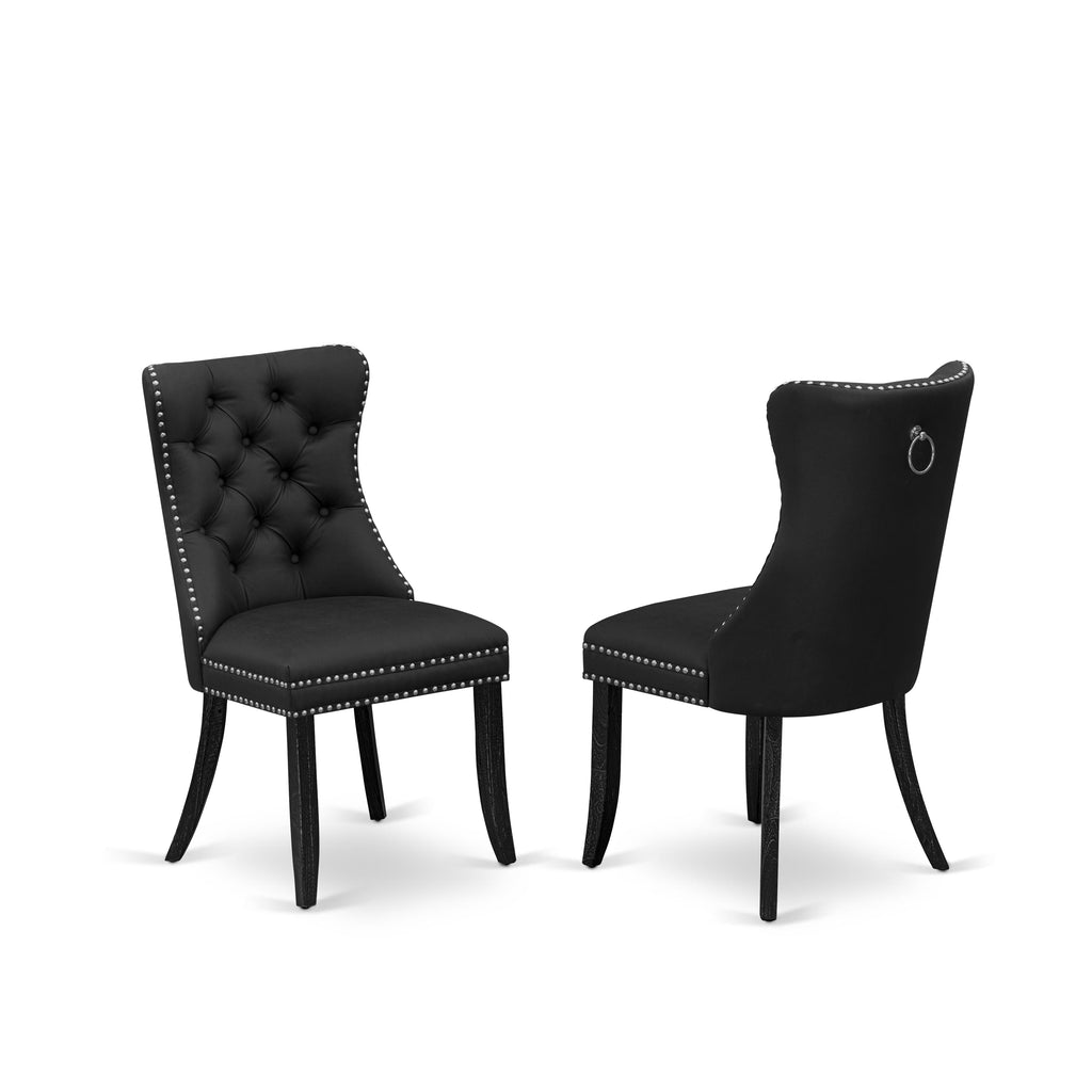 East West Furniture DAPFF29 Dallas Parson Kitchen Chairs - Button Tufted Nailhead Trim Navy Blue faux Leather Padded Dining Chairs, Set of 2, Sand Blasted Black